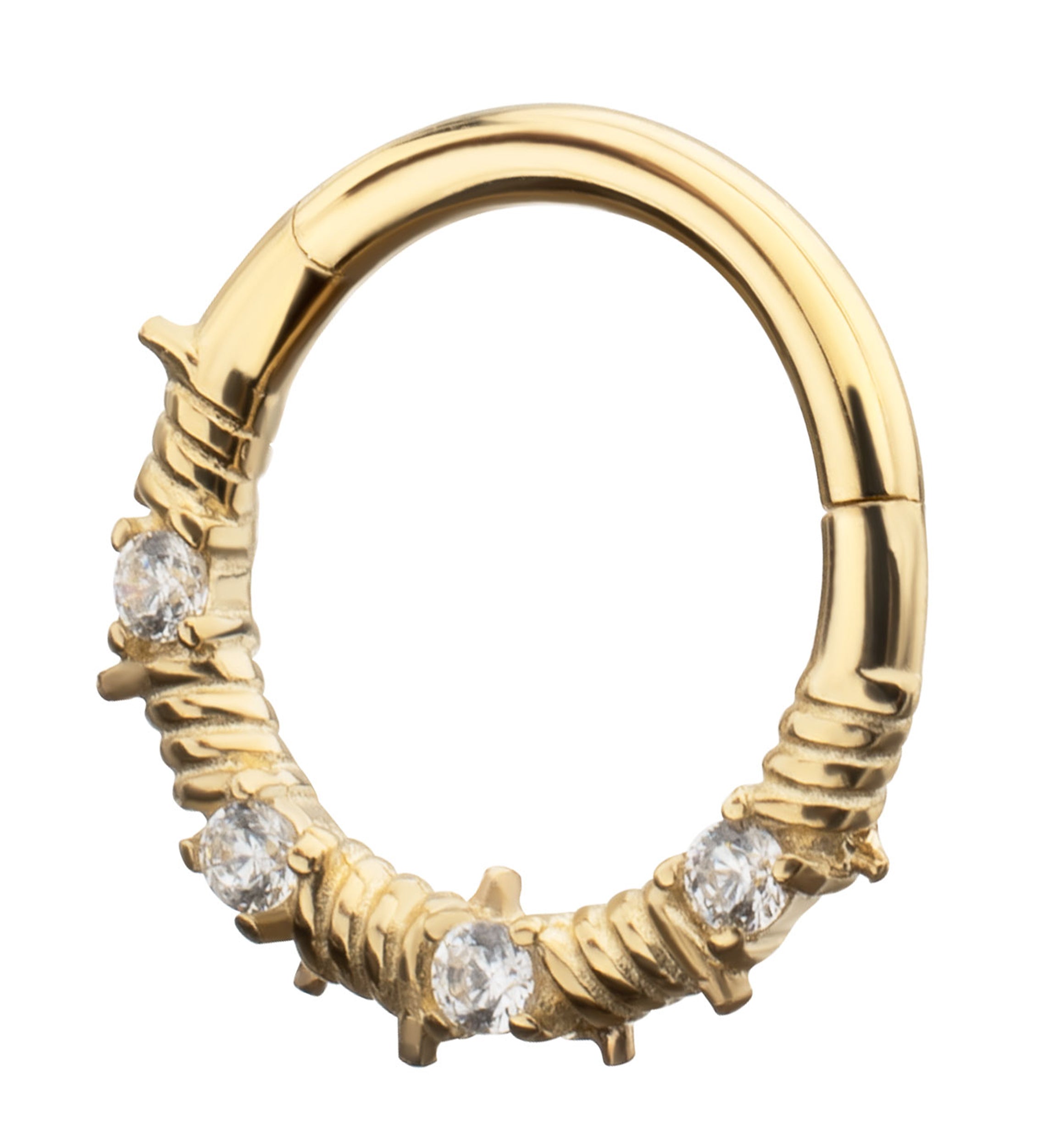 14kt Gold Barbed Wire Clear CZ Hinged Segment Ring