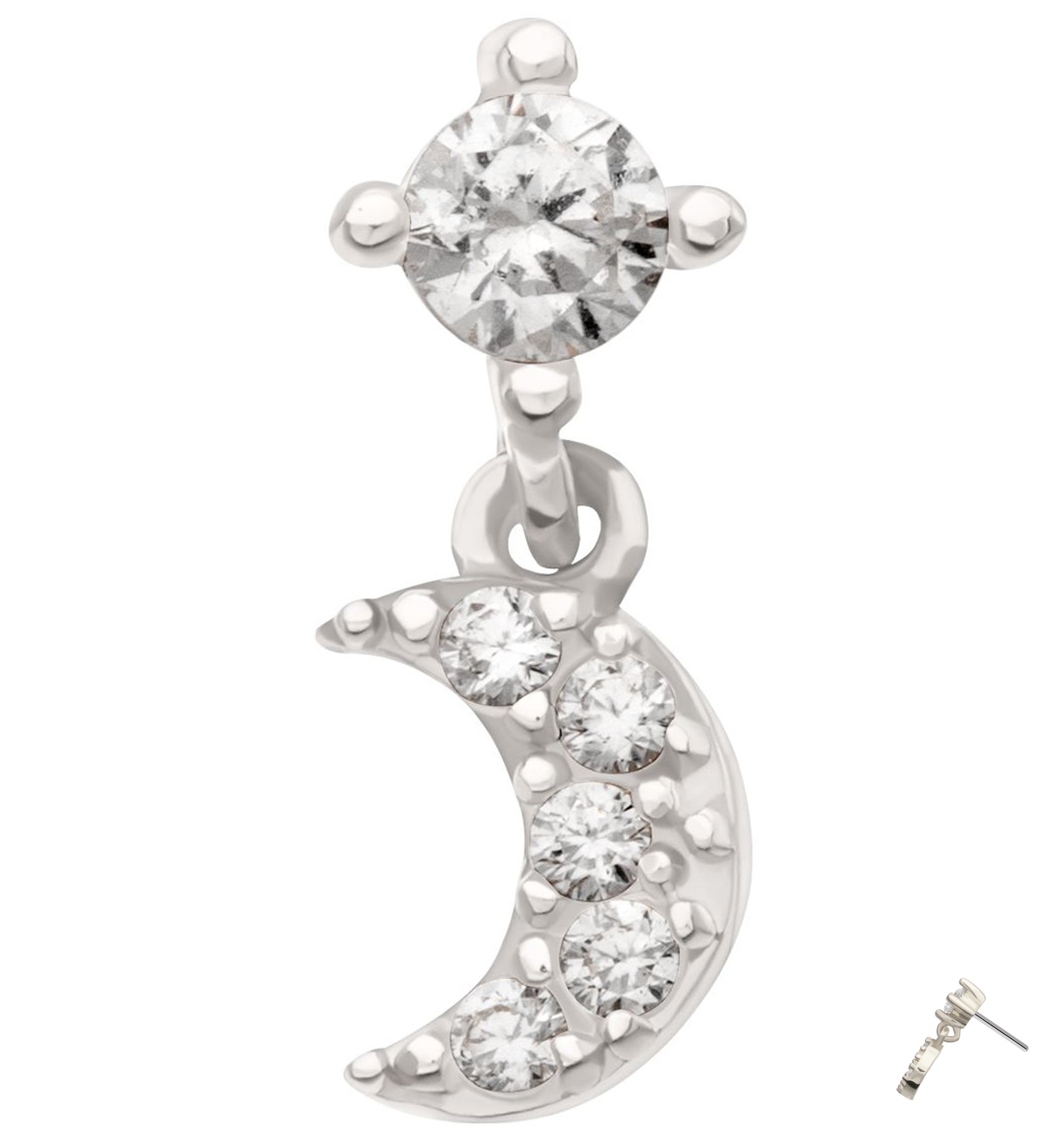 14kt White Gold Beaded Half Moon Clear CZ Dangle Threadless Top