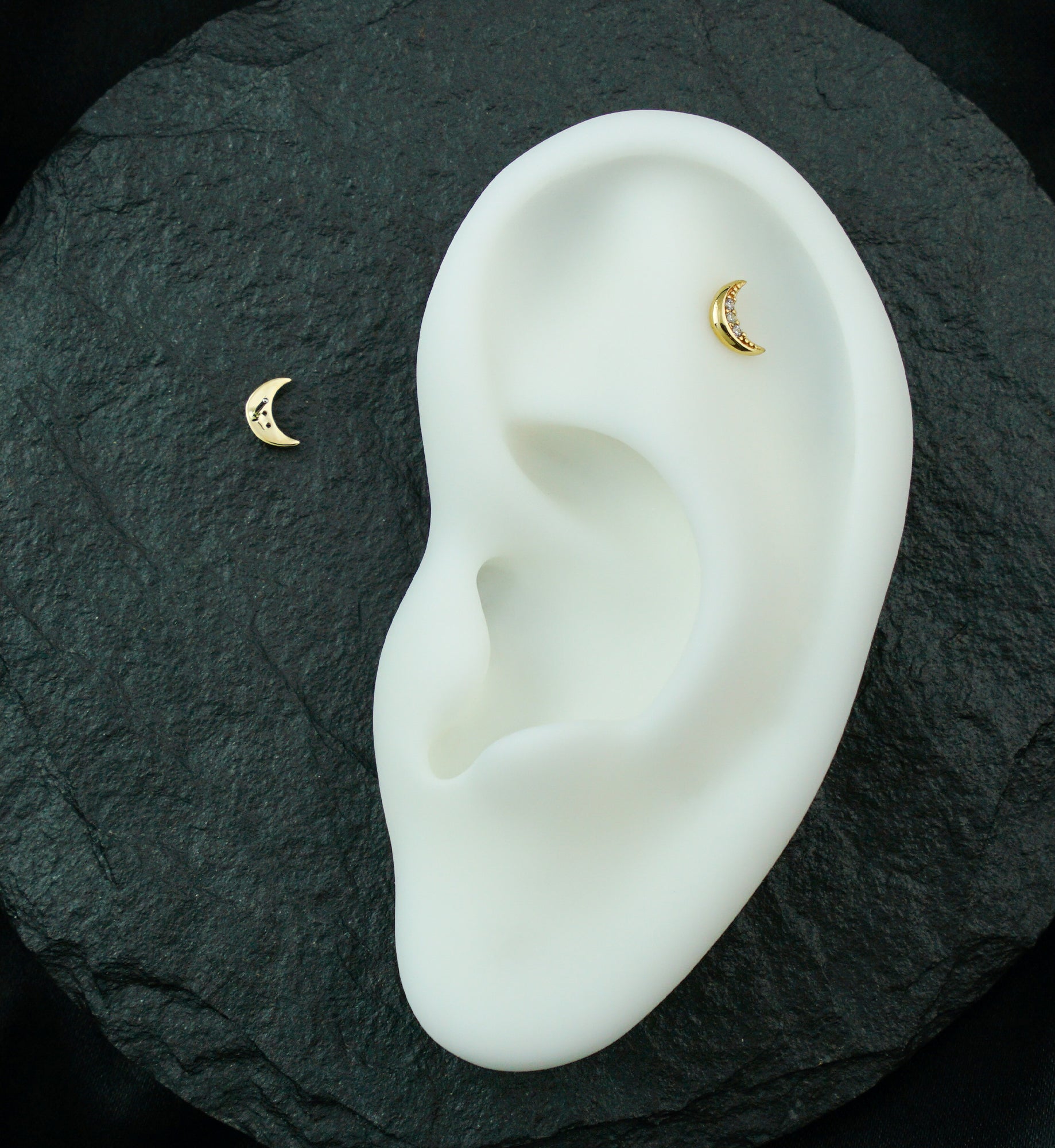 14kt Gold Beaded Half Moon Clear CZ Threadless Top