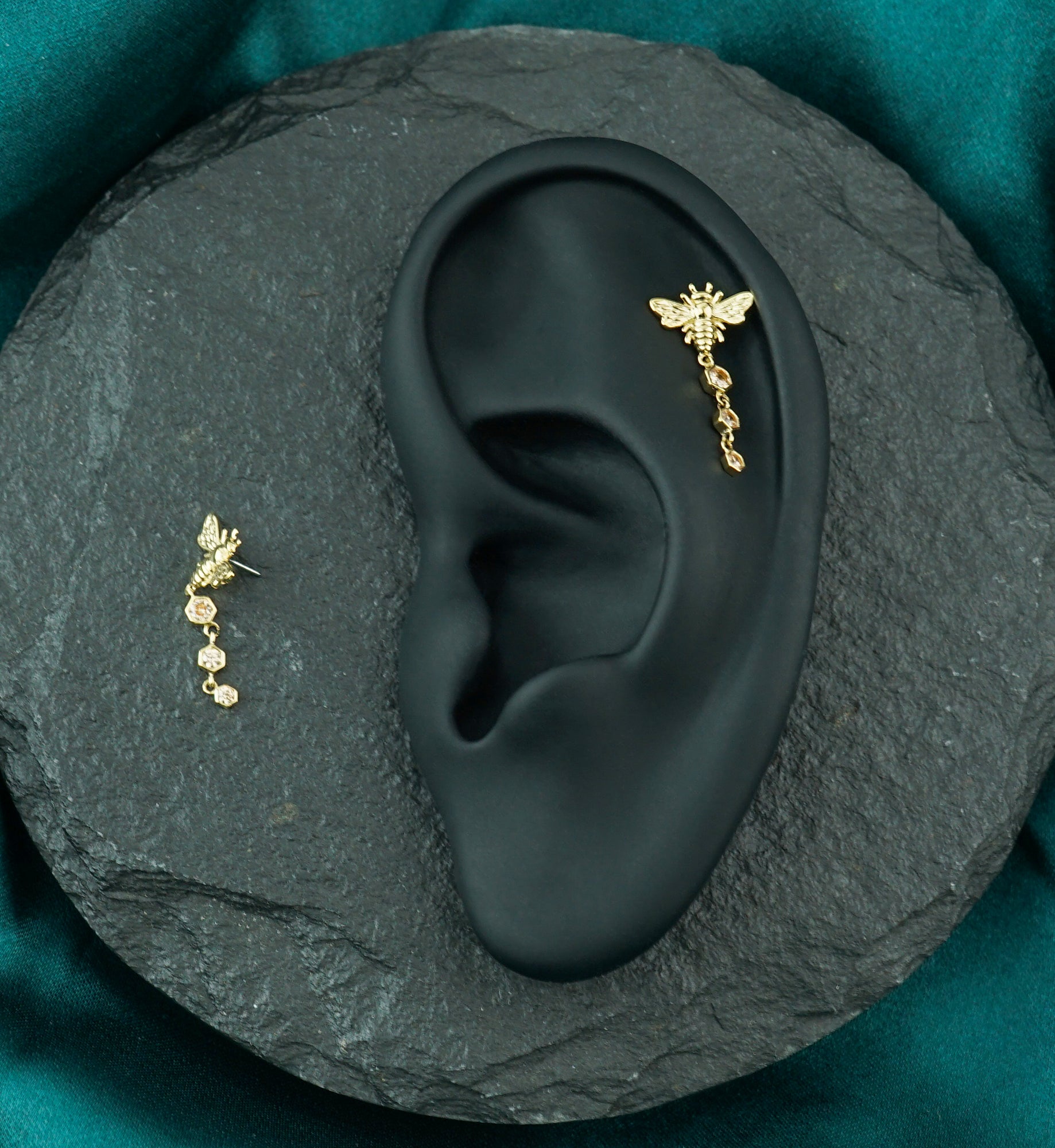 14kt Gold Bee Hex Dangle Champagne CZ Threadless Top