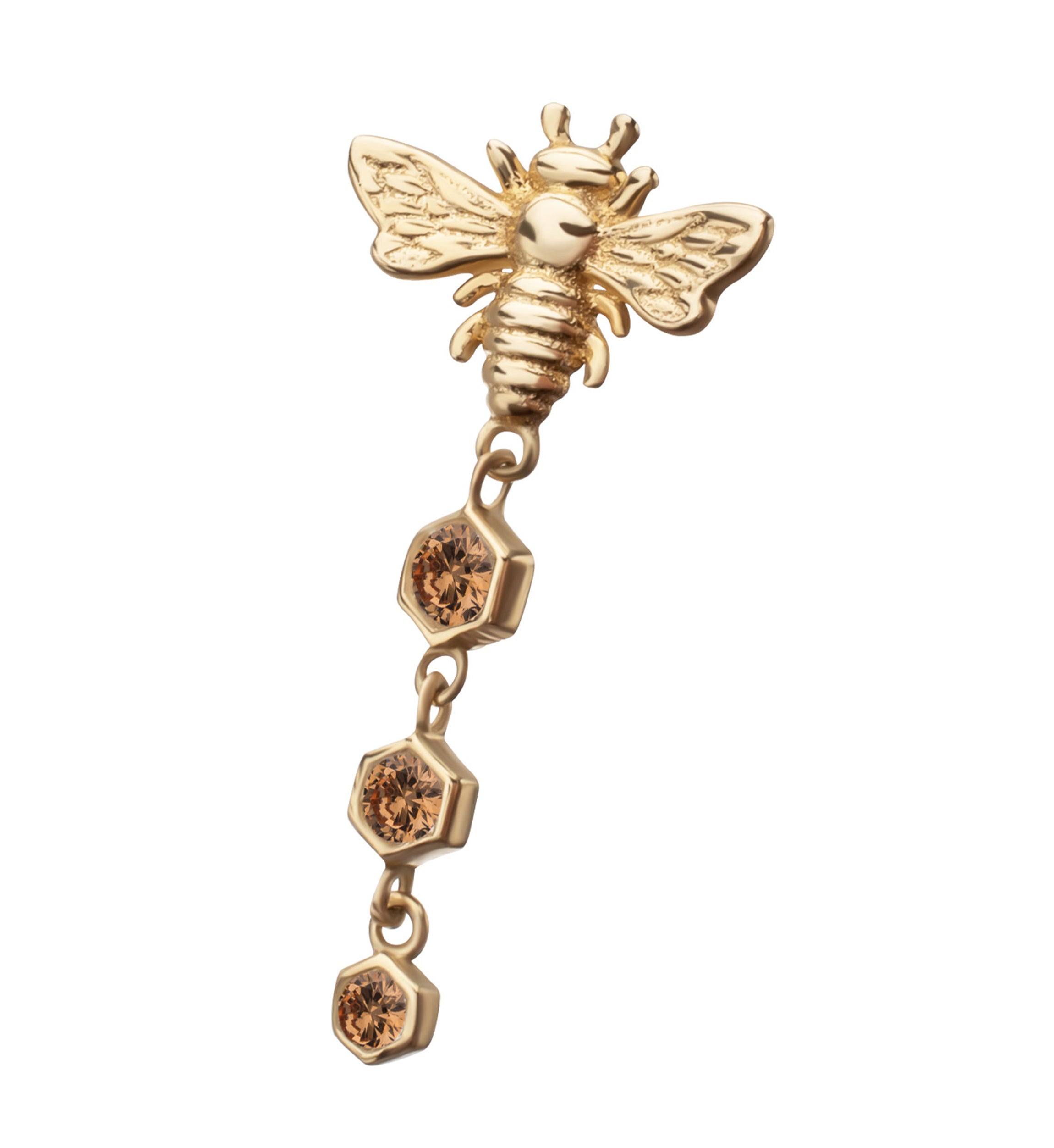 14kt Gold Bee Hex Dangle Champagne CZ Threadless Top