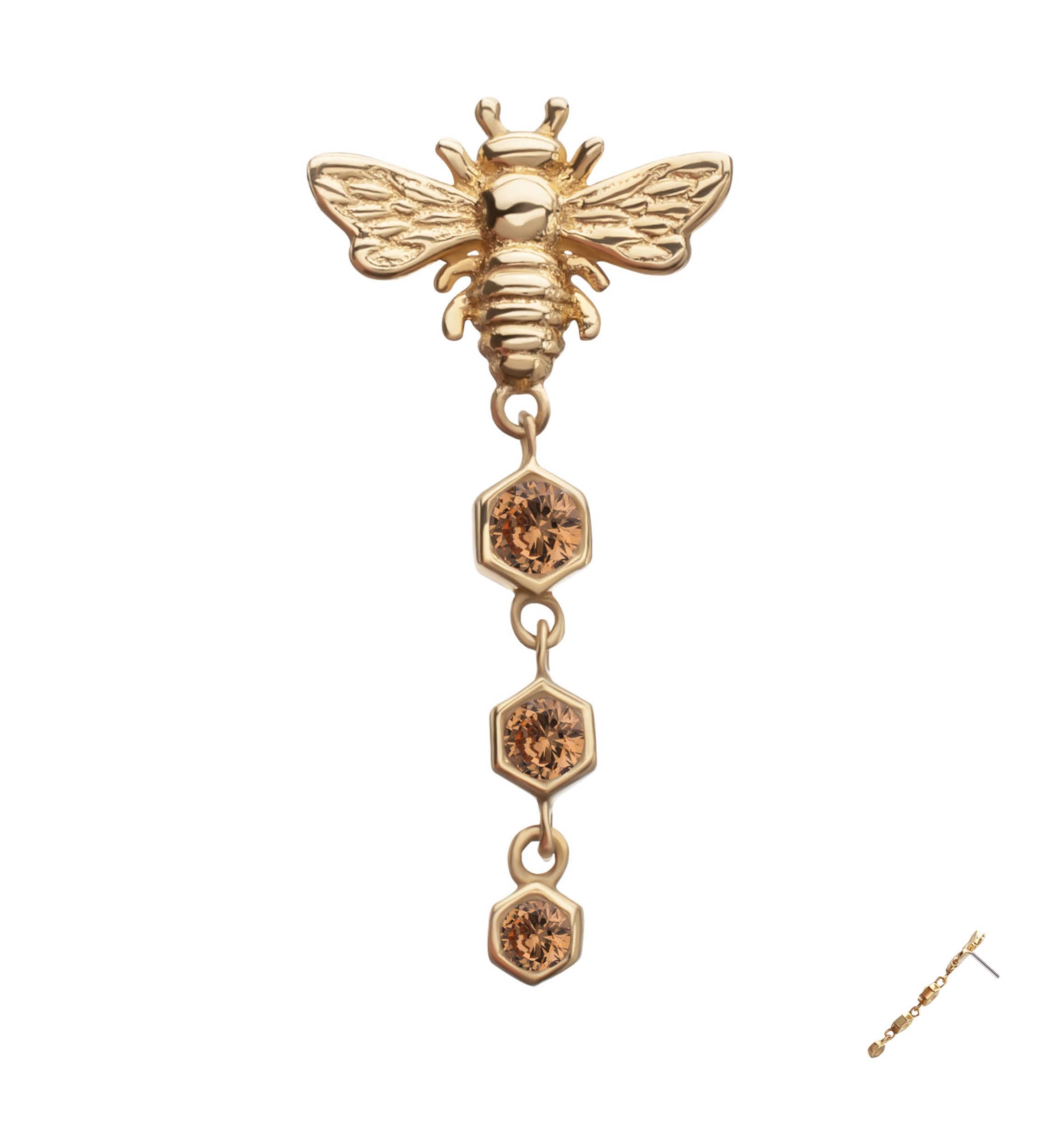 14kt Gold Bee Hex Dangle Champagne CZ Threadless Top