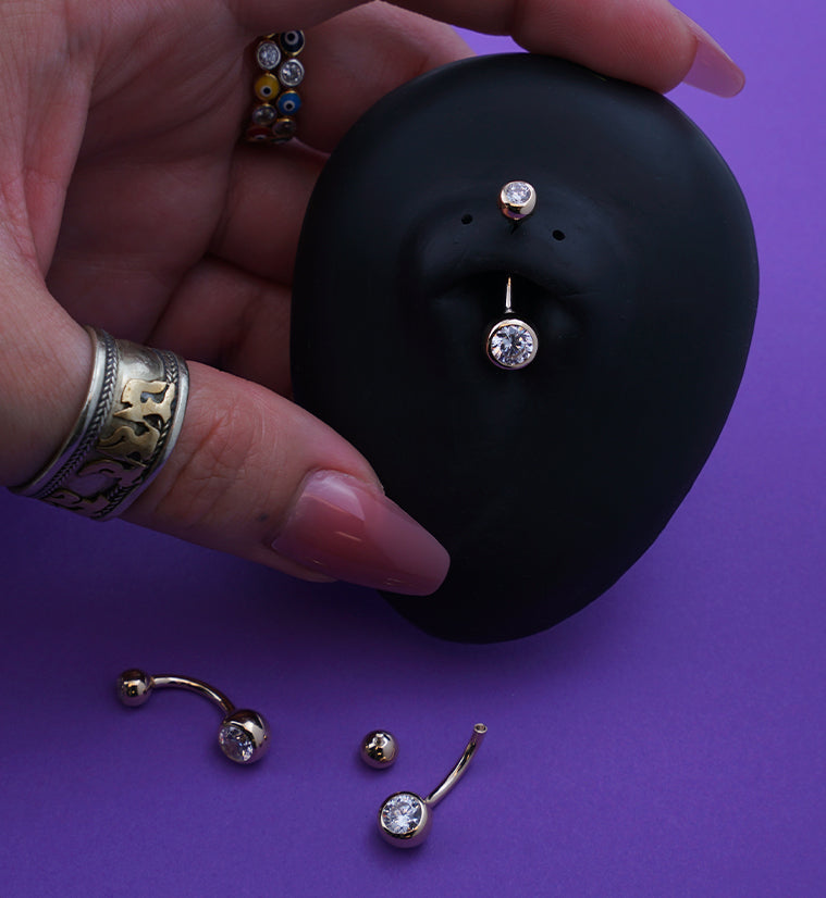 14kt Gold Bezel Clear CZ Internally Threaded Belly Button Ring