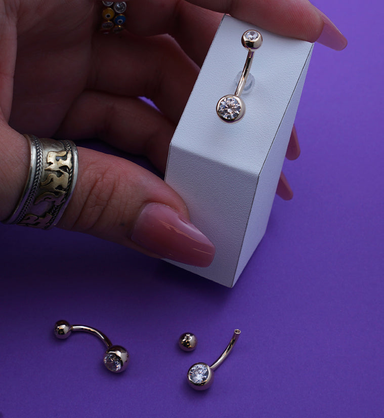 14kt Gold Bezel Clear CZ Internally Threaded Belly Button Ring