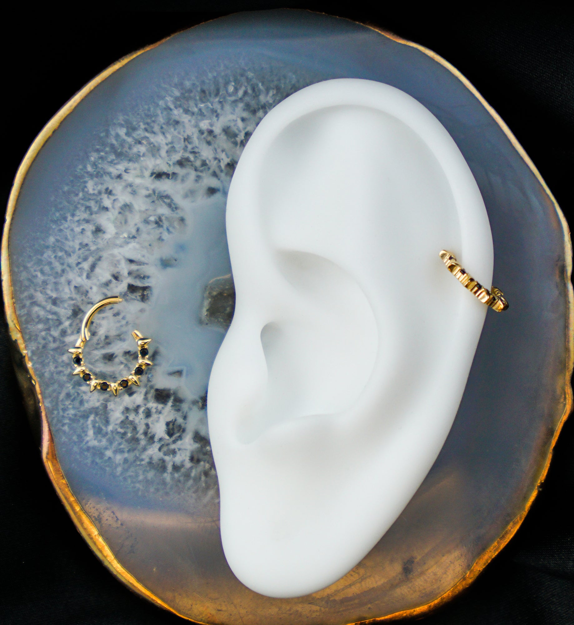 14kt Gold Black CZ Barbed Hinged Segment Ring