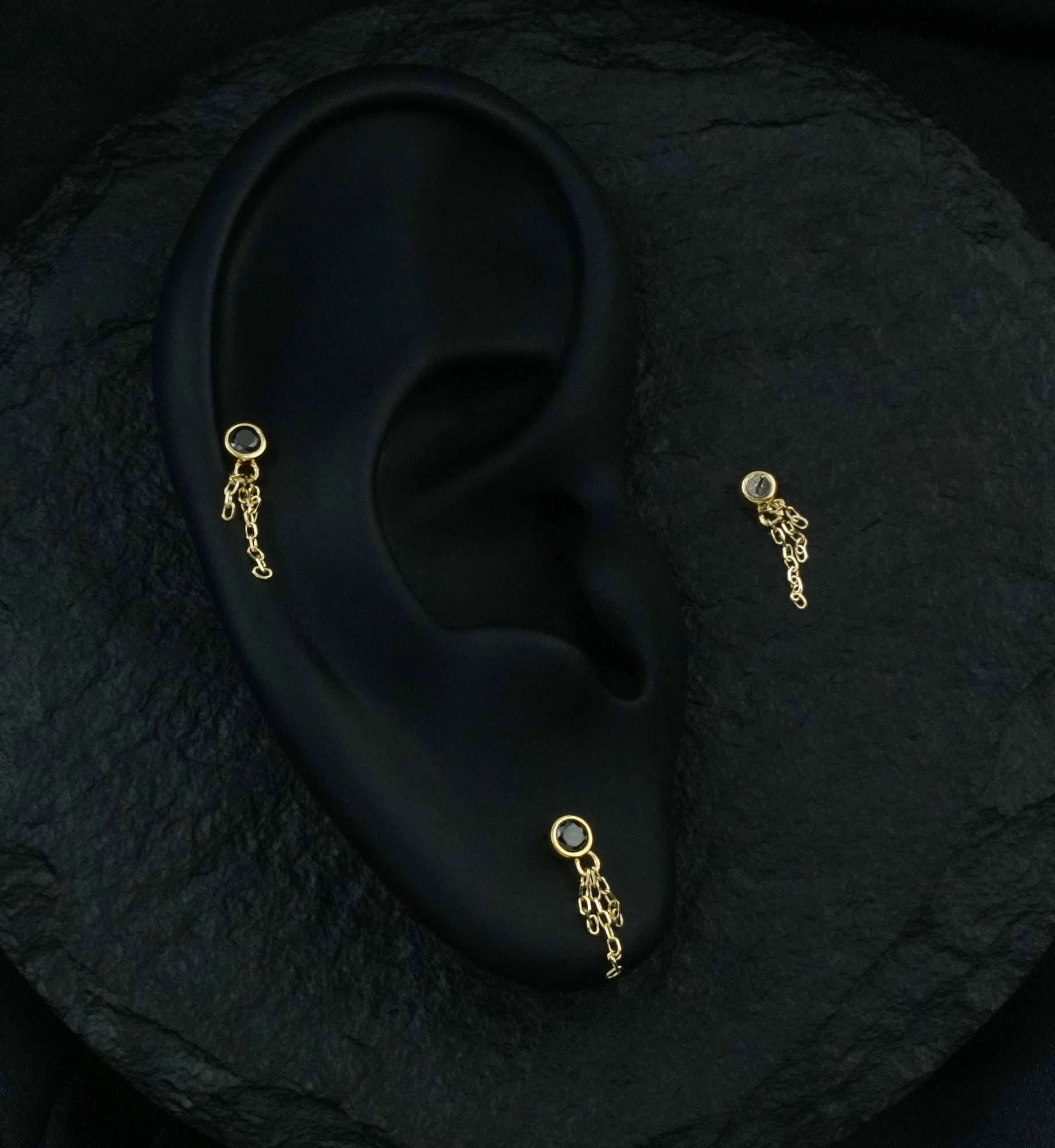 14kt Gold Black CZ Triple Dangle Chain Threadless Top