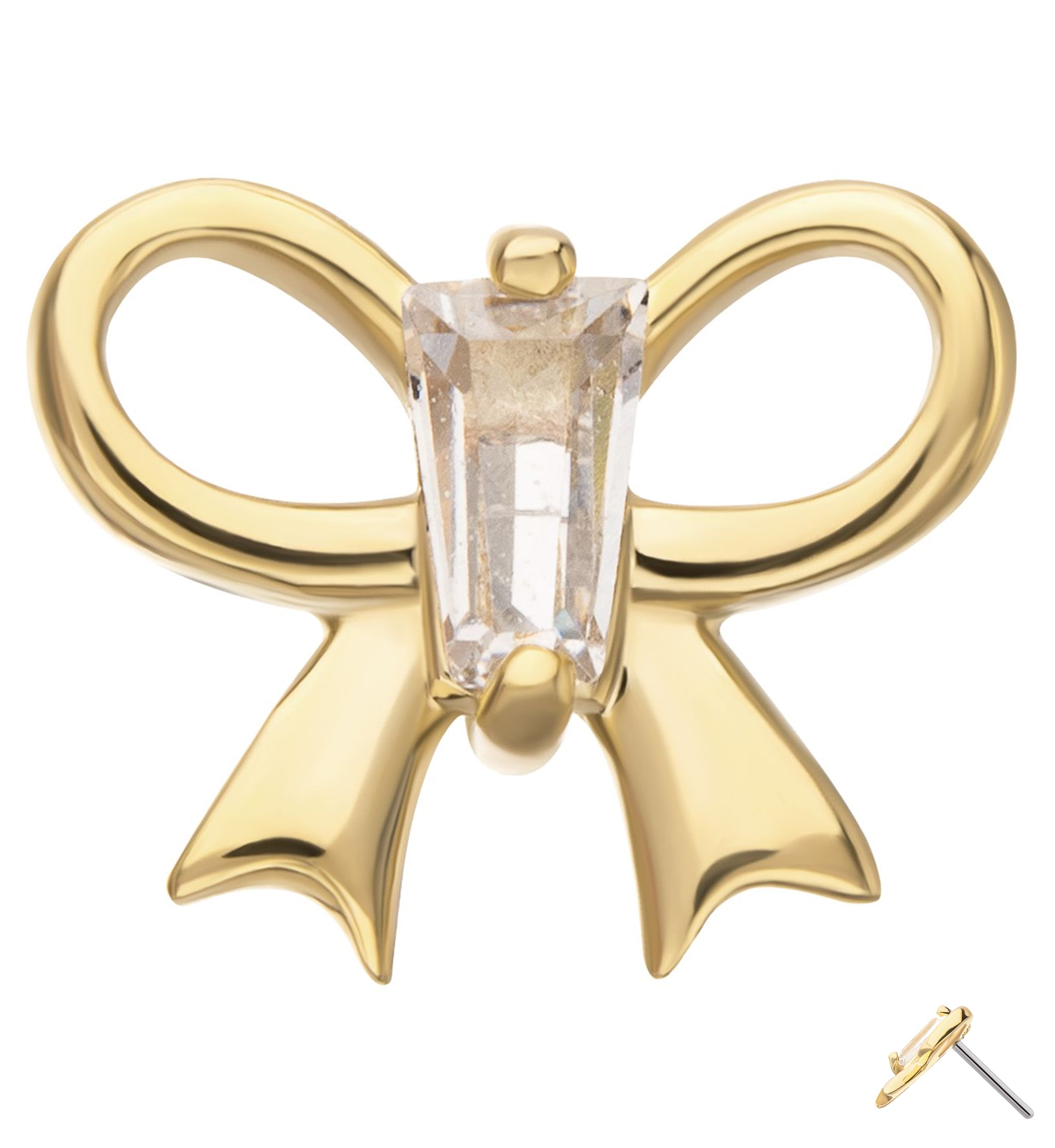 14kt Gold Bow Baguette Clear CZ Threadless Top