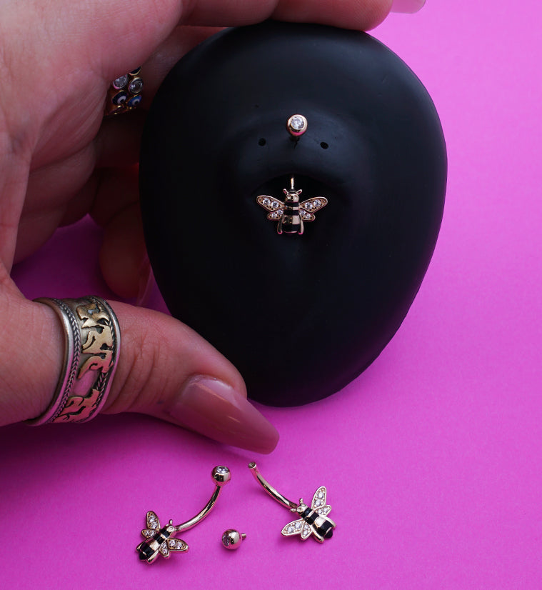 14kt Gold Bumblebee Clear CZ Belly Button Ring