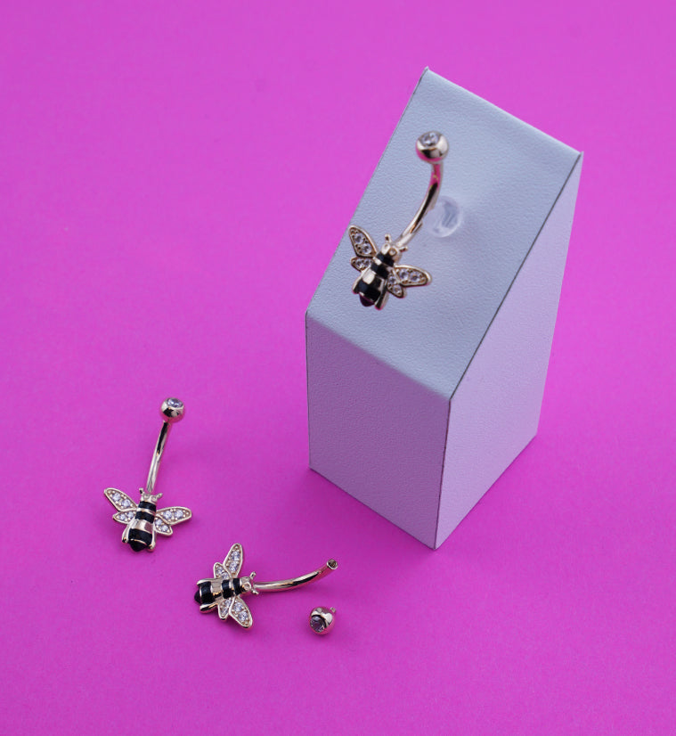 14kt Gold Bumblebee Clear CZ Belly Button Ring