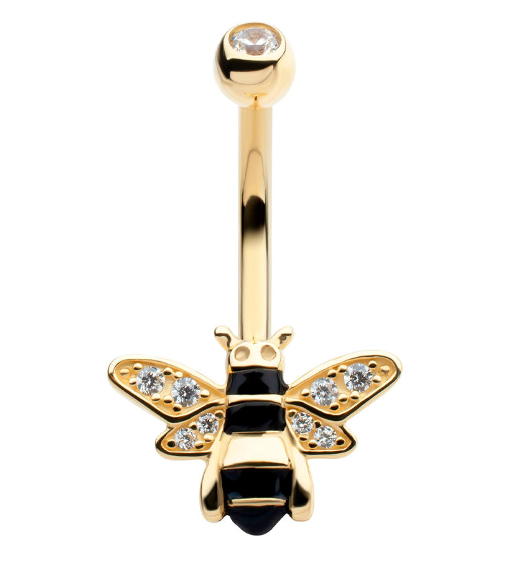 14kt Gold Bumblebee Clear CZ Belly Button Ring