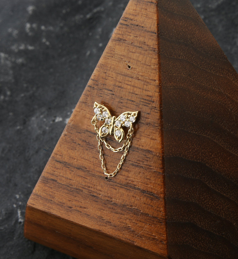 14kt Gold Butterfly Clear CZ Dangle Chain Threadless Top