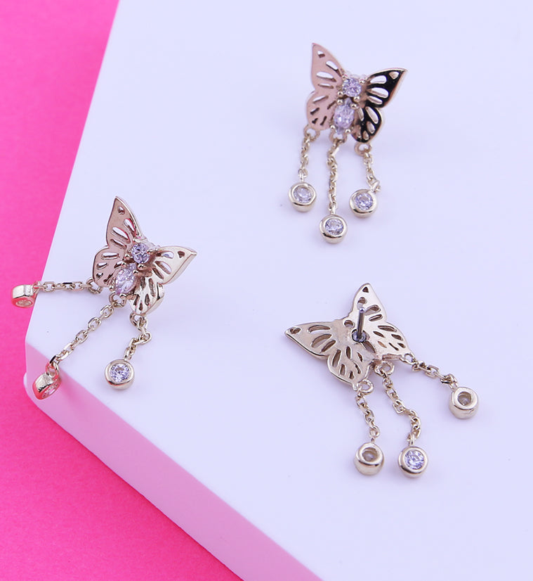 14kt Gold Butterfly Clear CZ Triple Dangle Chains Threadless Top