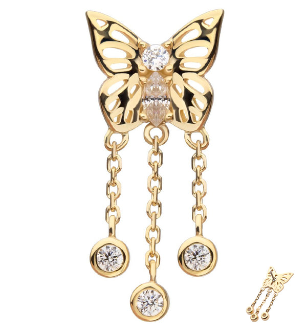14kt Gold Butterfly Clear CZ Triple Dangle Chains Threadless Top