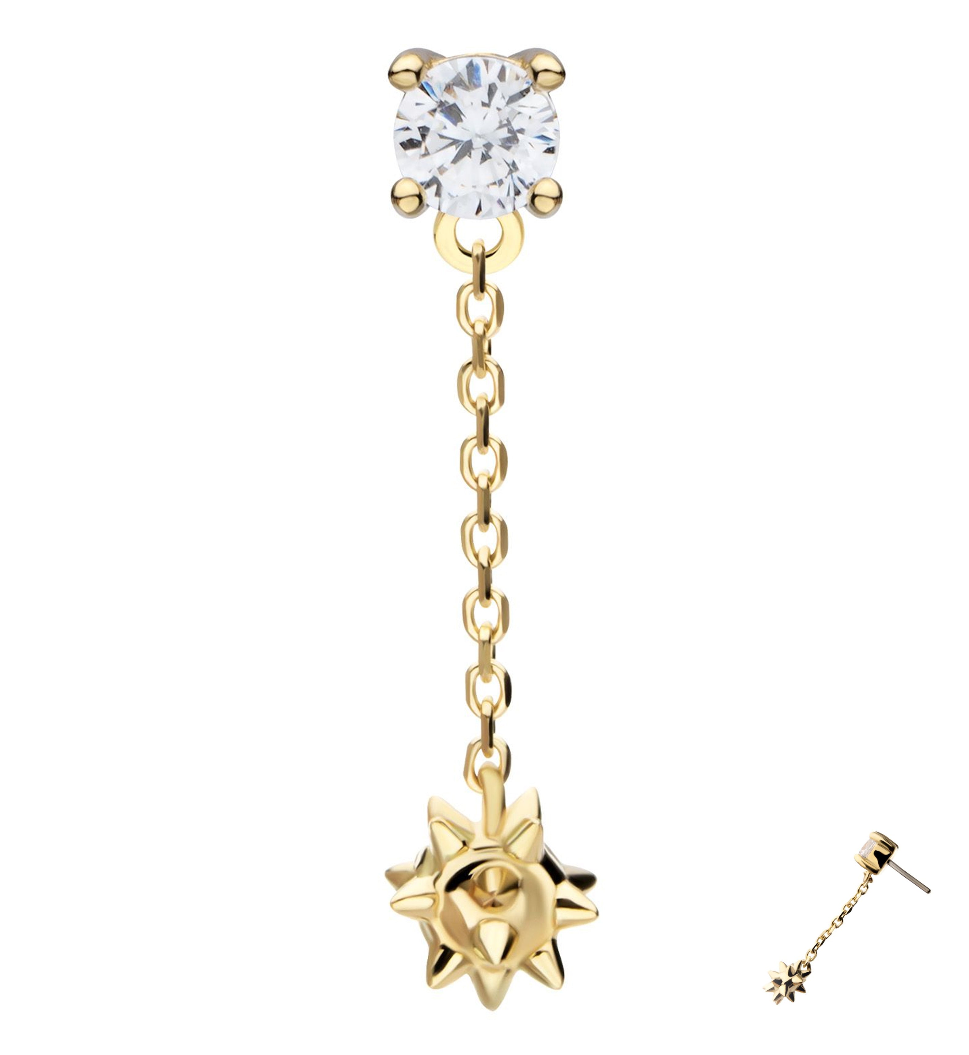14kt Gold Clear CZ Dangle Mace Ball Threadless Top