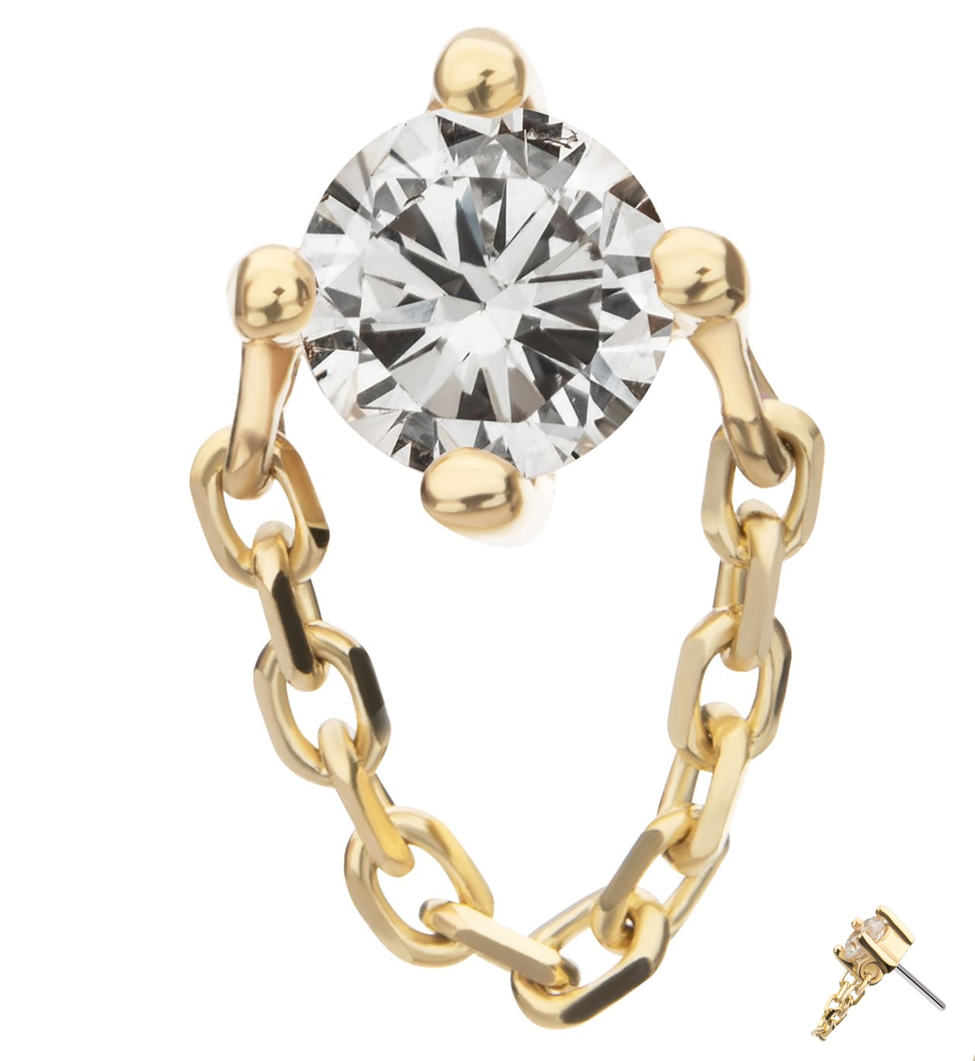 14kt Gold Clear CZ Dangle Rolo Chain Threadless Top