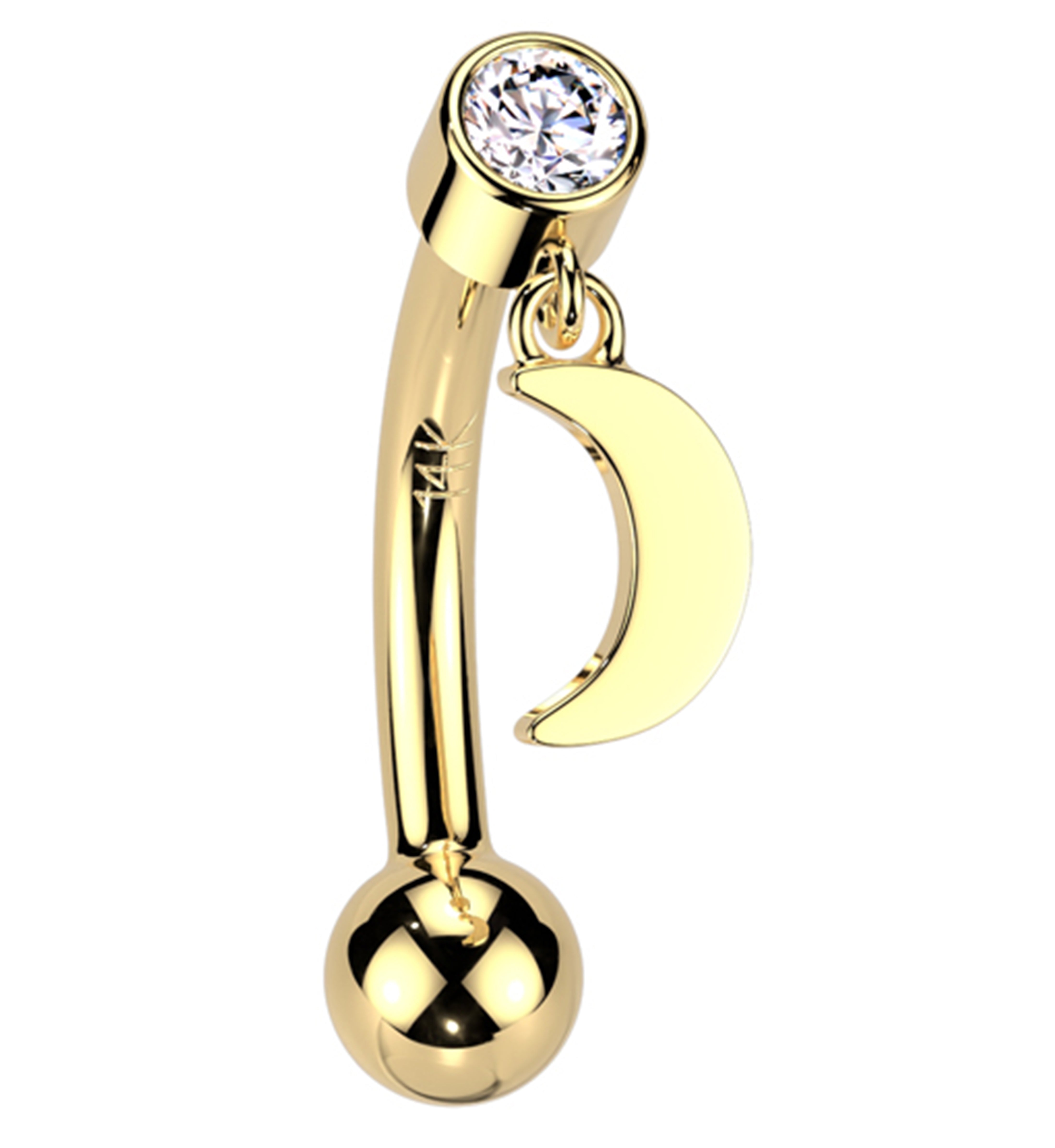 14kt Gold Crescent Moon Dangle Clear CZ Threadless Curved Barbell