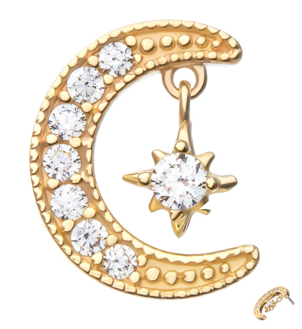 14kt Gold Crescent Moon Floating Star Clear CZ Threadless Top