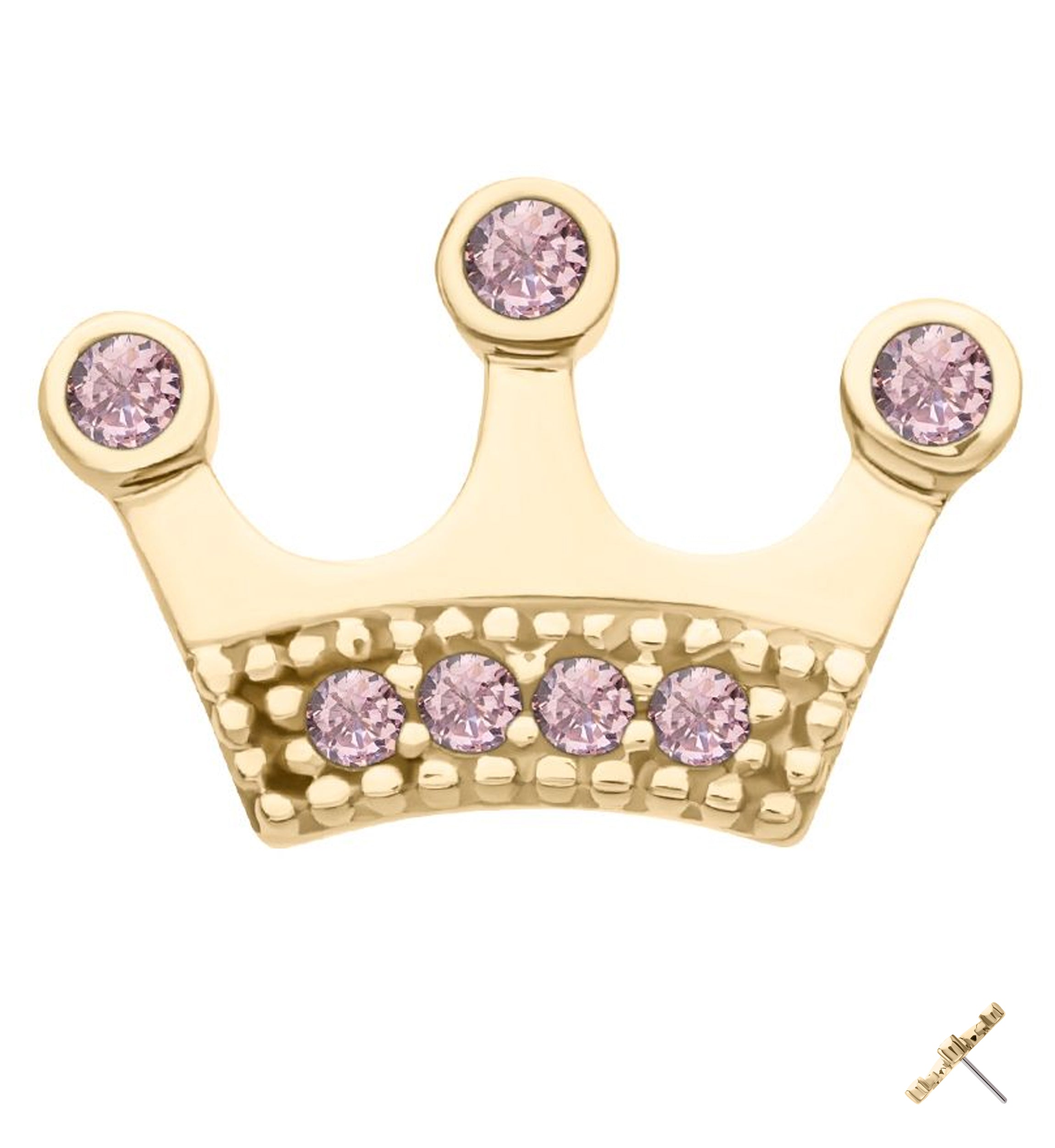 14kt Gold Crown Pink CZ Threadless Top