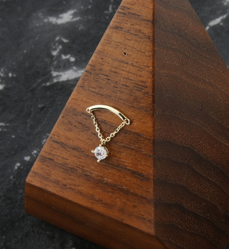 14kt Gold Curve Bar Clear CZ Dangle Chain Threadless Top