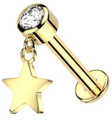 14kt Gold Dangle Star Clear CZ Internally Threaded Labret