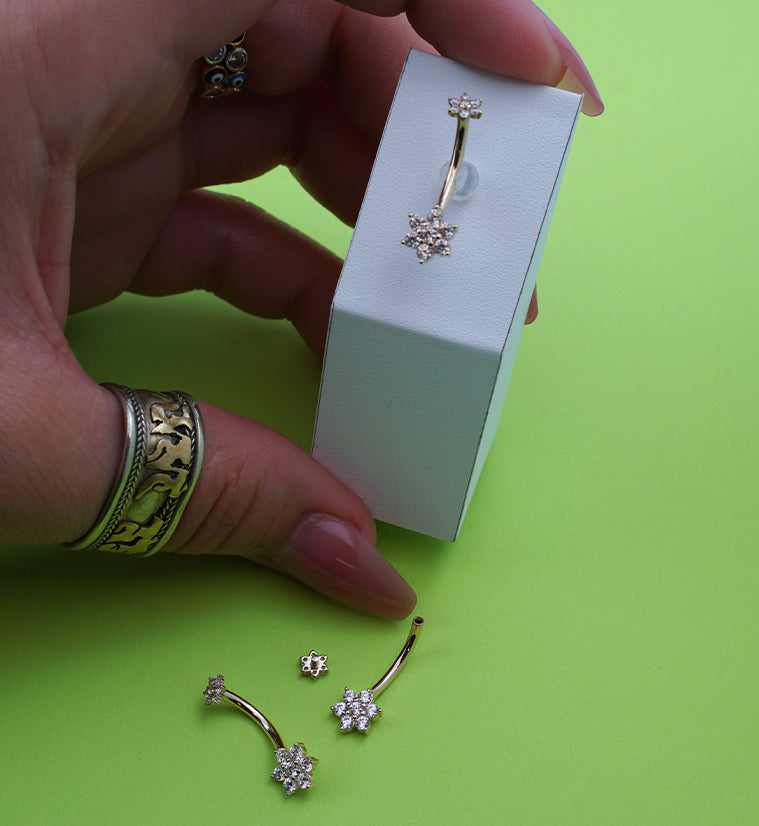 14kt Gold Double Flower Clear CZ Belly Button Ring