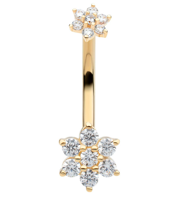 14kt Gold Double Flower Clear CZ Belly Button Ring