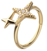 14kt Gold Double Four Point Star Clear CZ Hinged Segment Ring