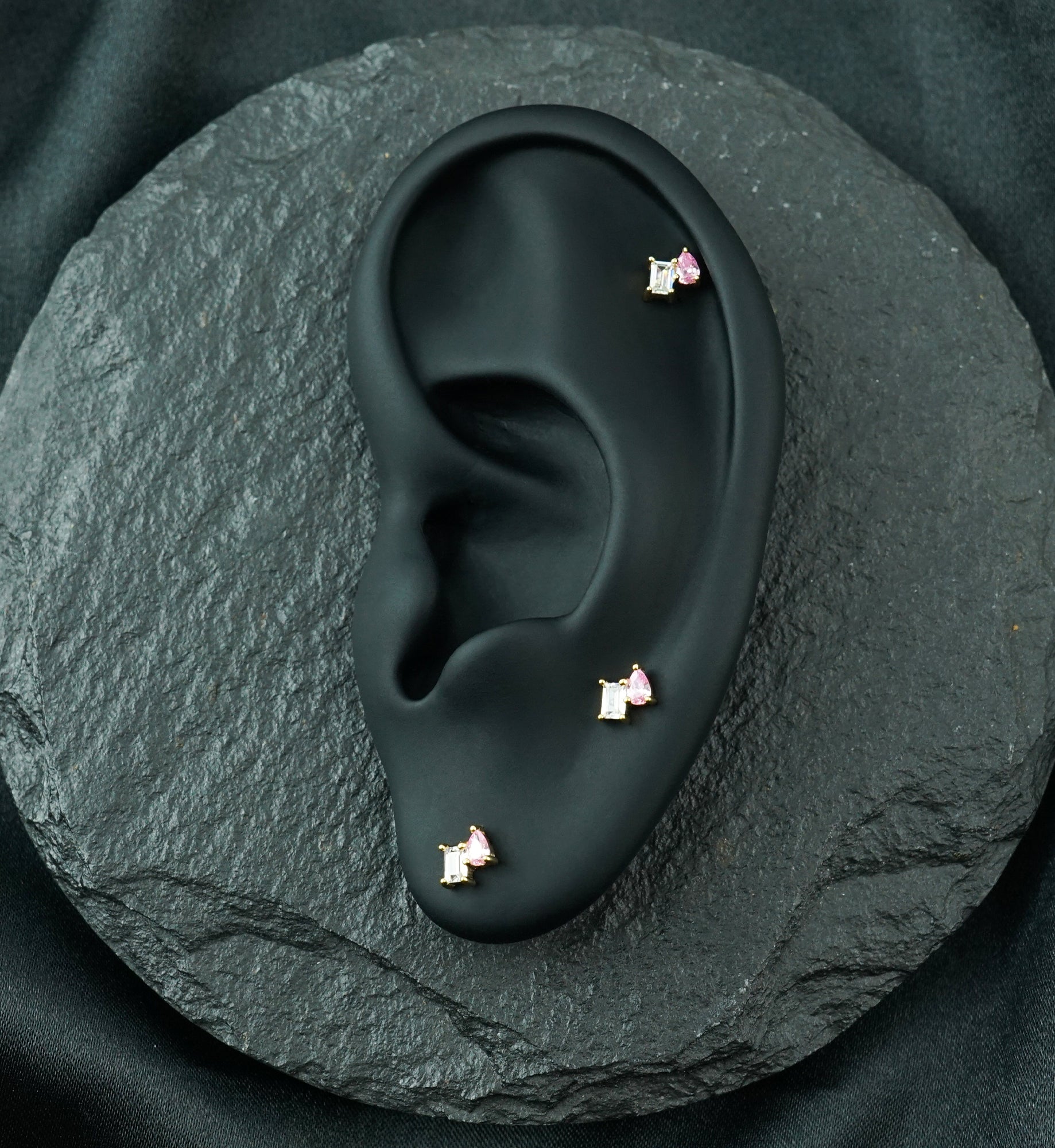 14kt Gold Exponential Teardrop Pink CZ Threadless Top