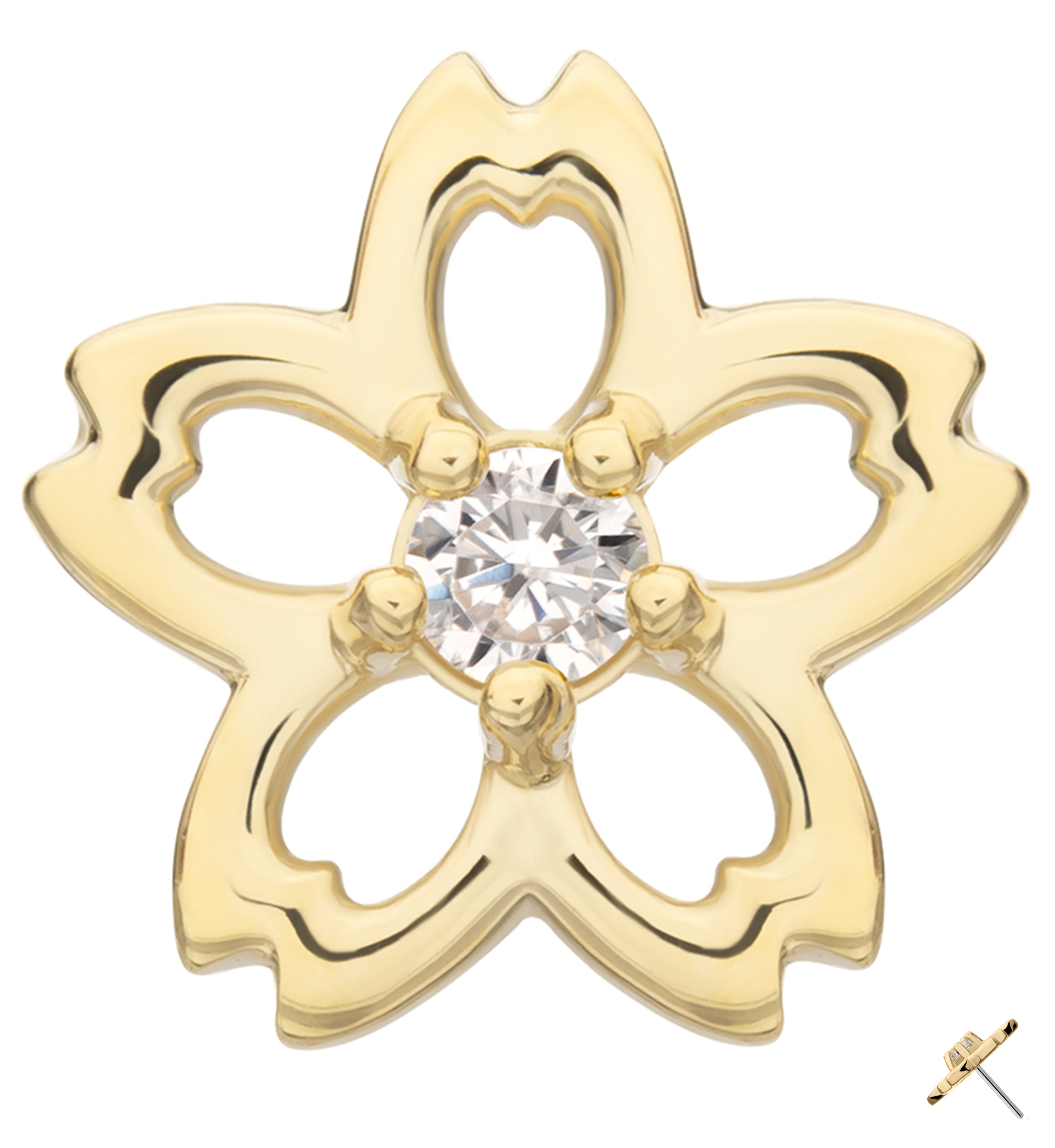 14kt Gold Floral Cutout Blossom Clear CZ Threadless Top