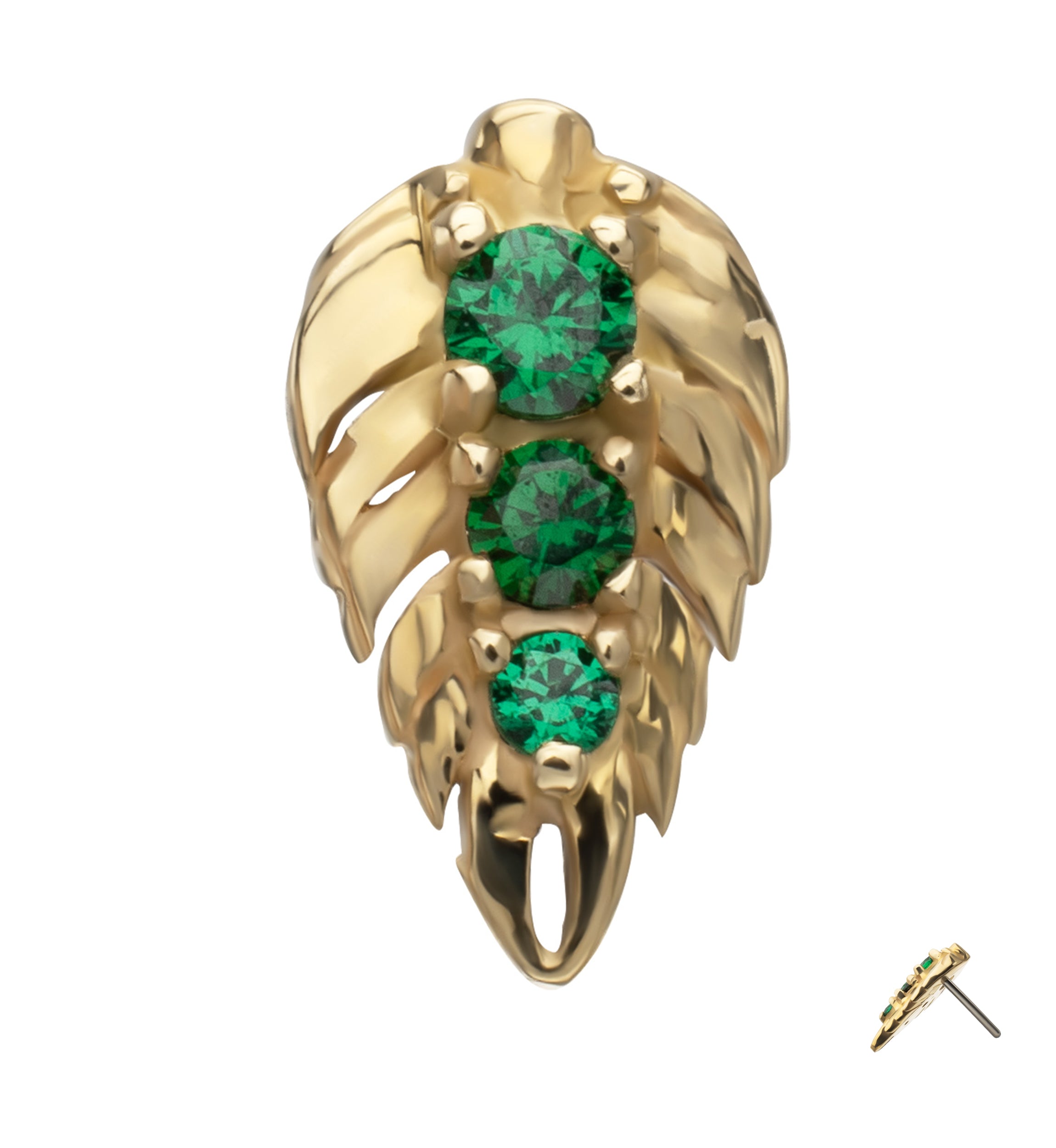 14kt Gold Grove Leaf Emerald CZ Threadless Top
