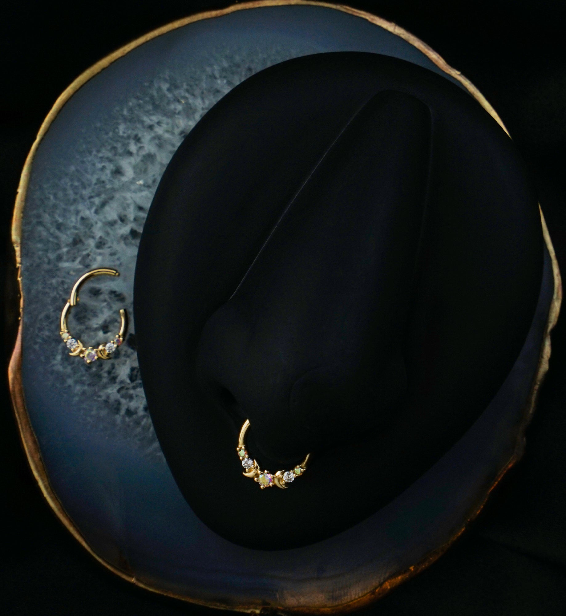 14kt Gold Half Moon Accent Rainbow Aurora CZ Hinged Segment Ring