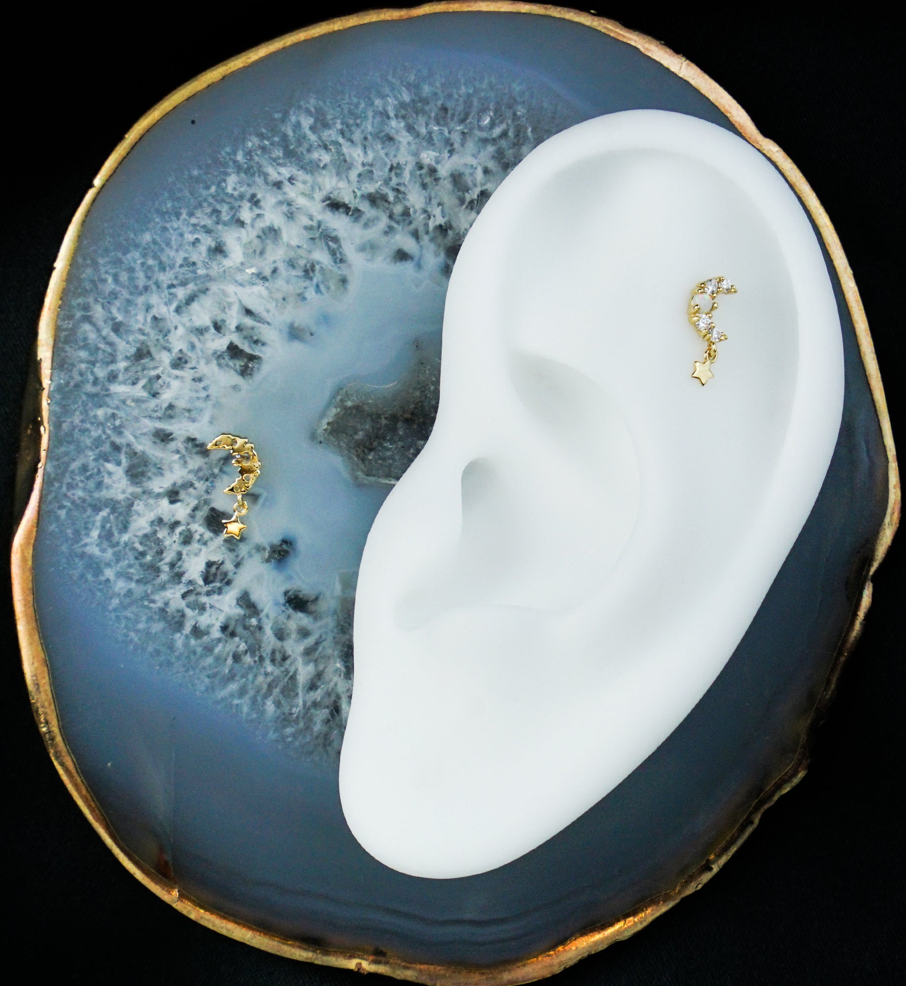 14kt Gold Half Moon Clear CZ White Opalite Dangle Star Threadless Top