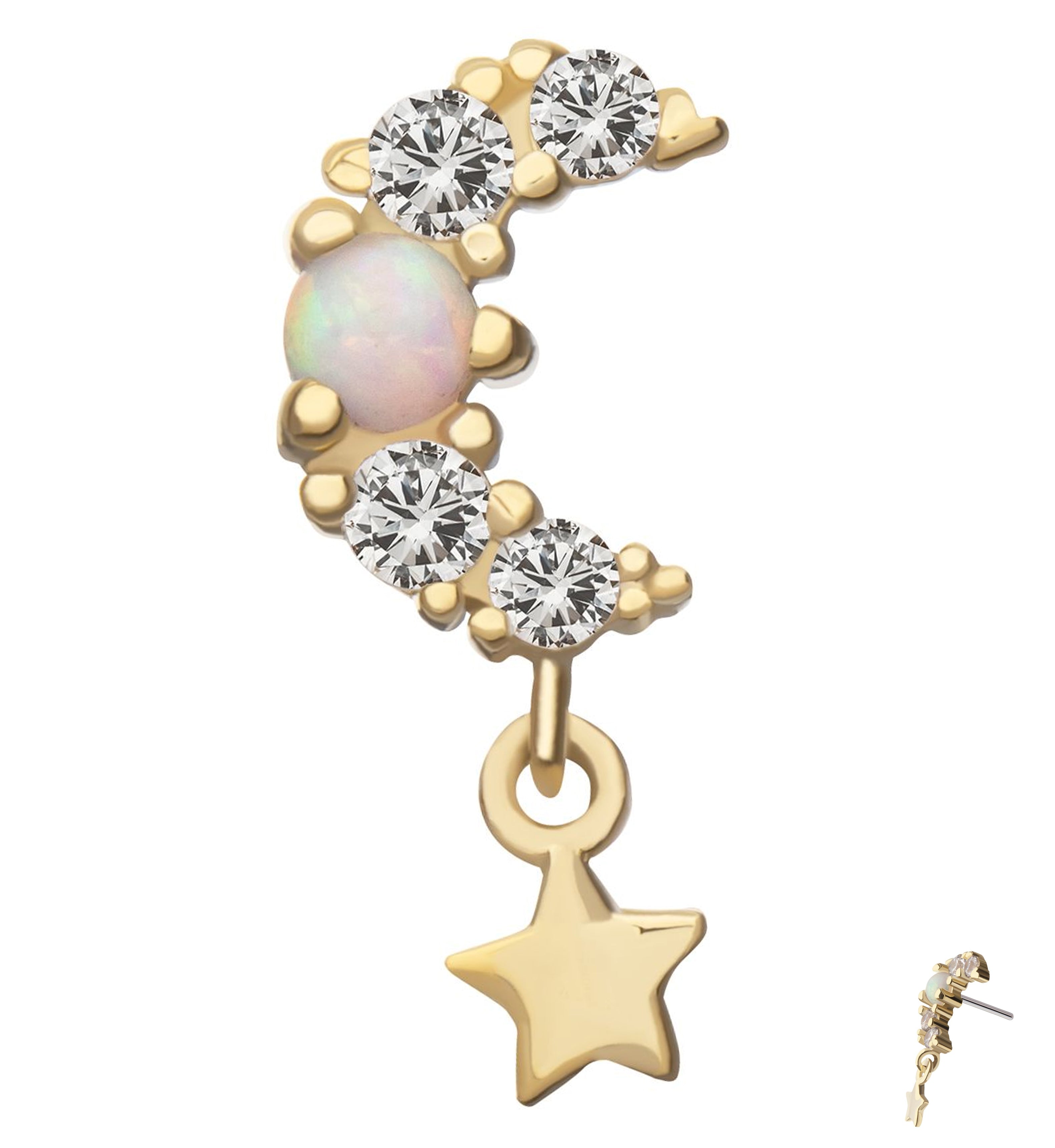 14kt Gold Half Moon Clear CZ White Opalite Dangle Star Threadless Top
