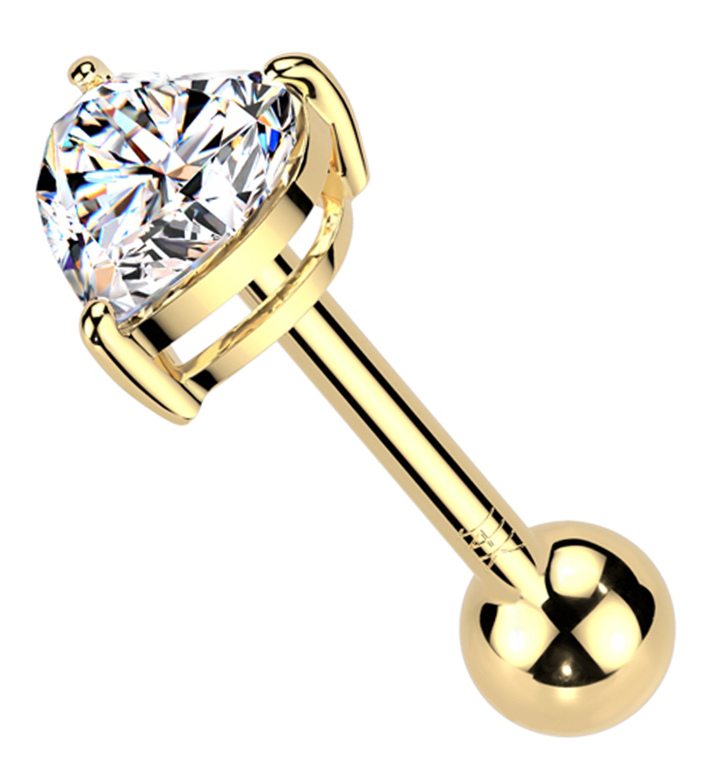 14kt Gold Heart Clear CZ Threadless Cartilage Barbell