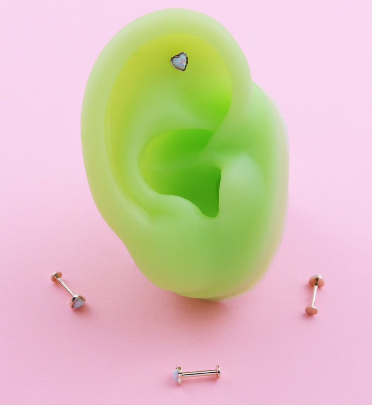 14kt Gold Heart White Opalite Threadless Labret