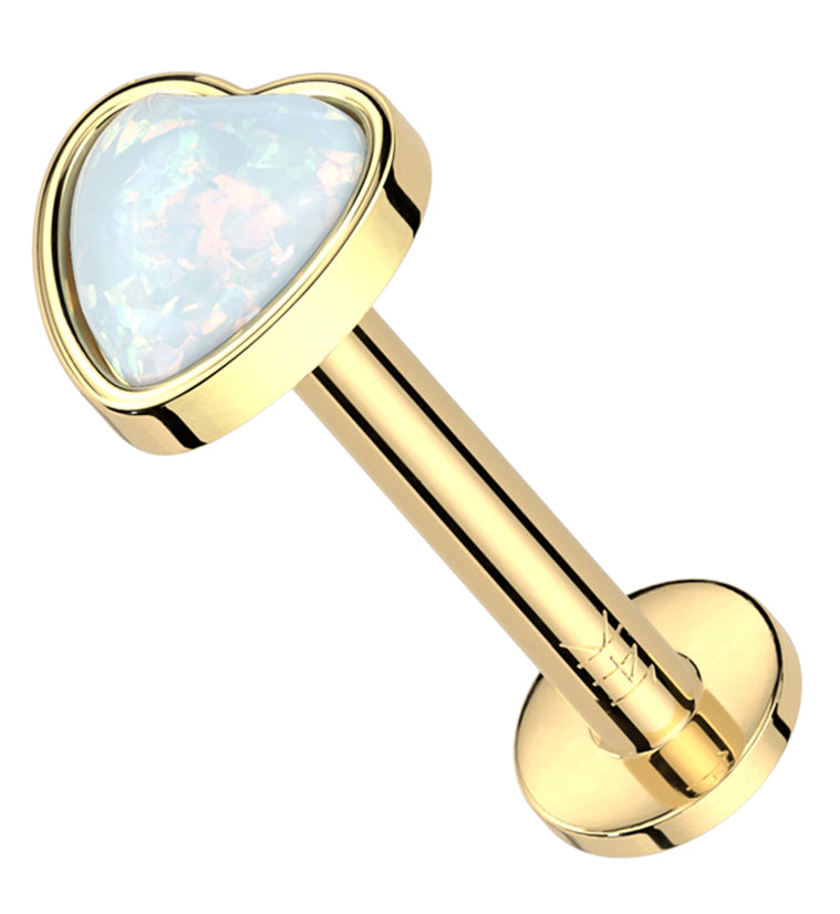 14kt Gold Heart White Opalite Threadless Labret