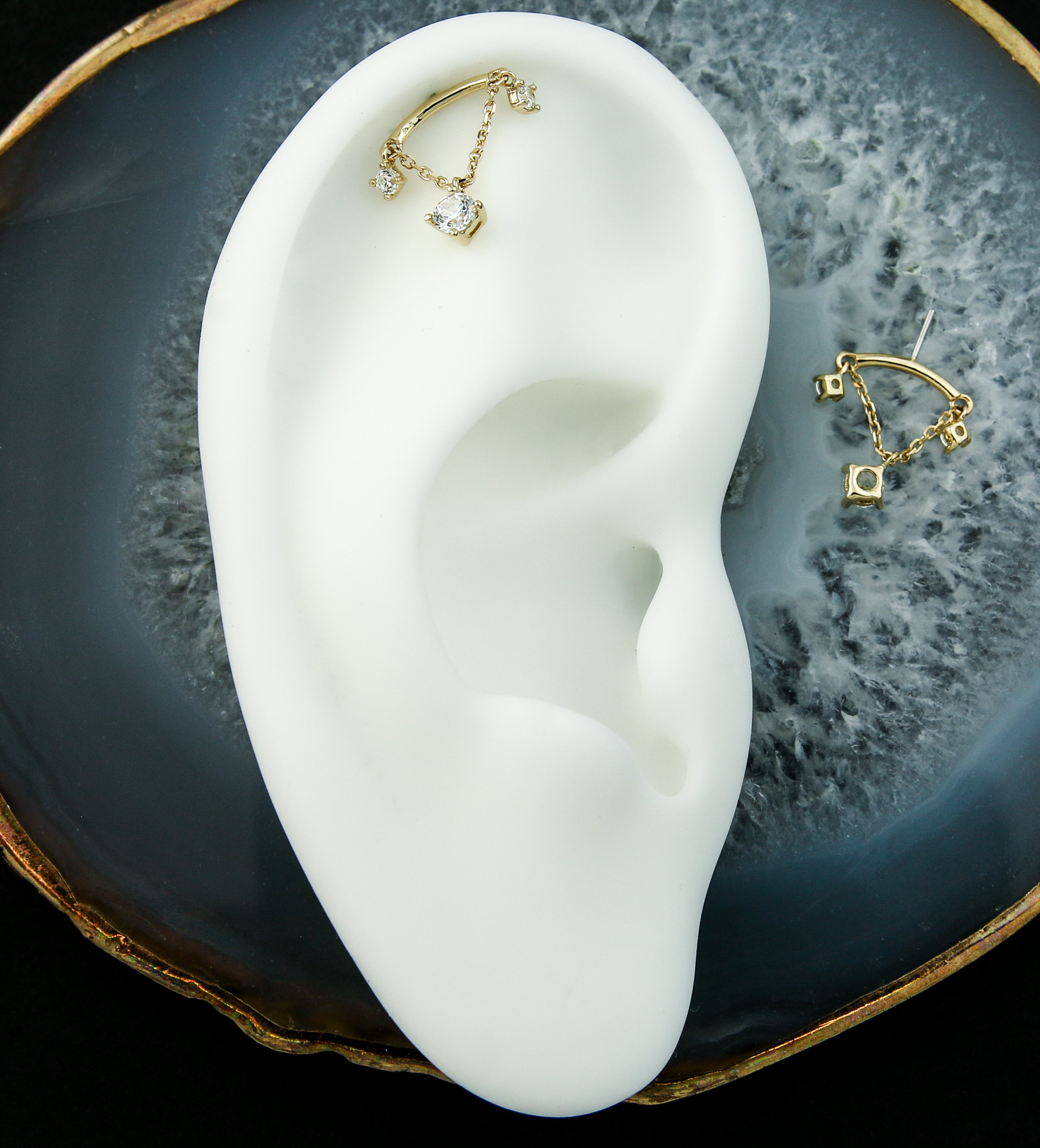 14kt Gold Hidden Curved Bar Triple Clear CZ Dangle Chain Threadless Top