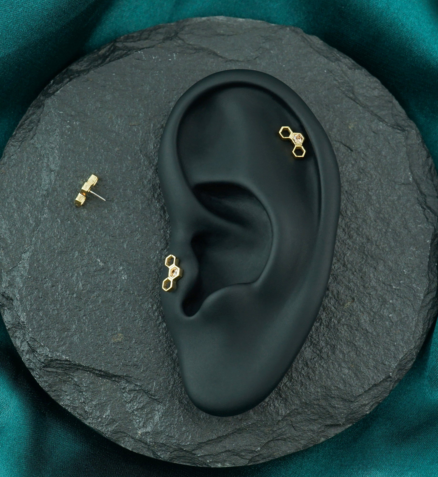 14kt Gold Hollow Hexagon Arch Champagne CZ Threadless Top