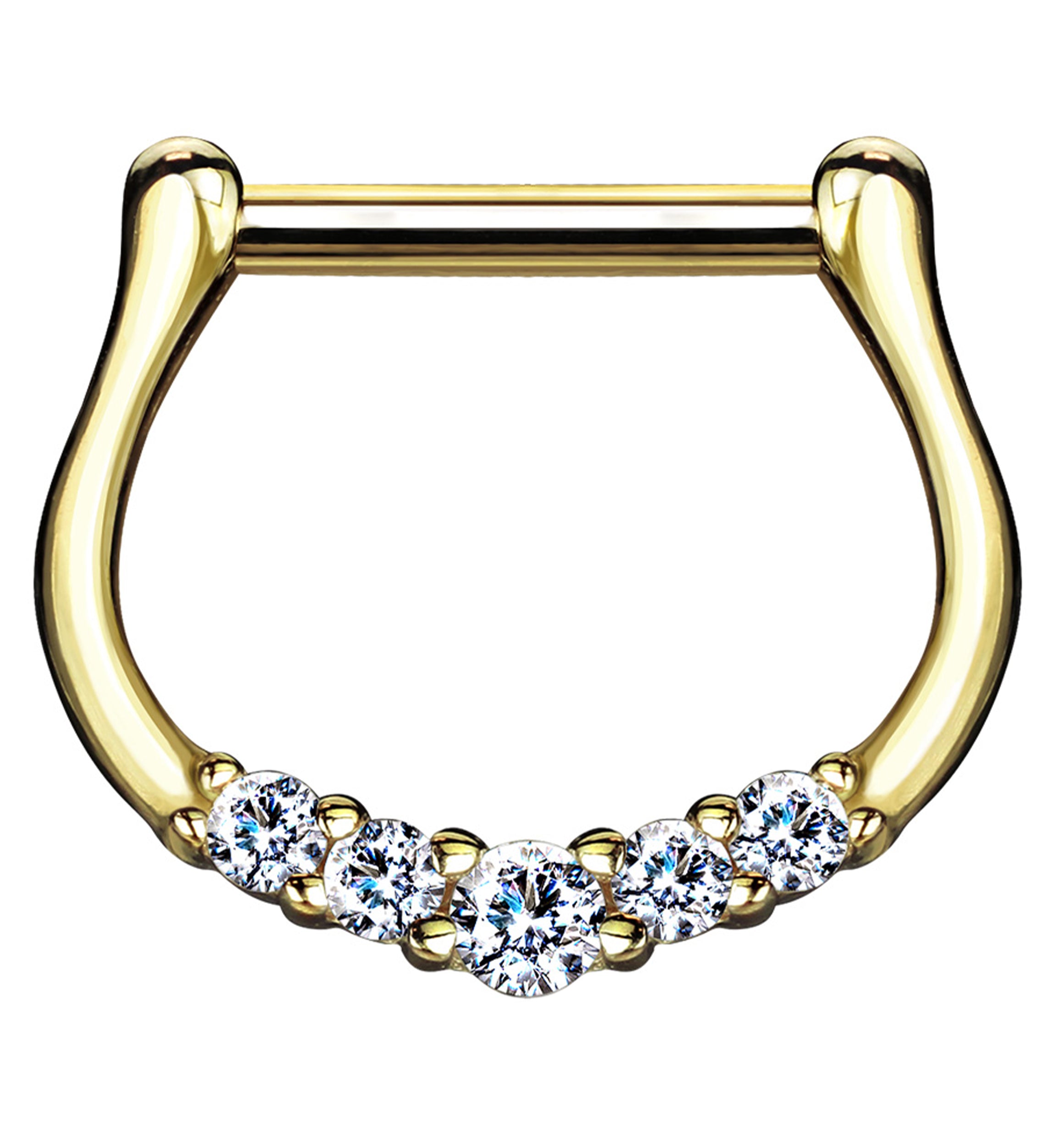 14kt Gold Horseshoe Five Clear CZ Hinged Segment Ring