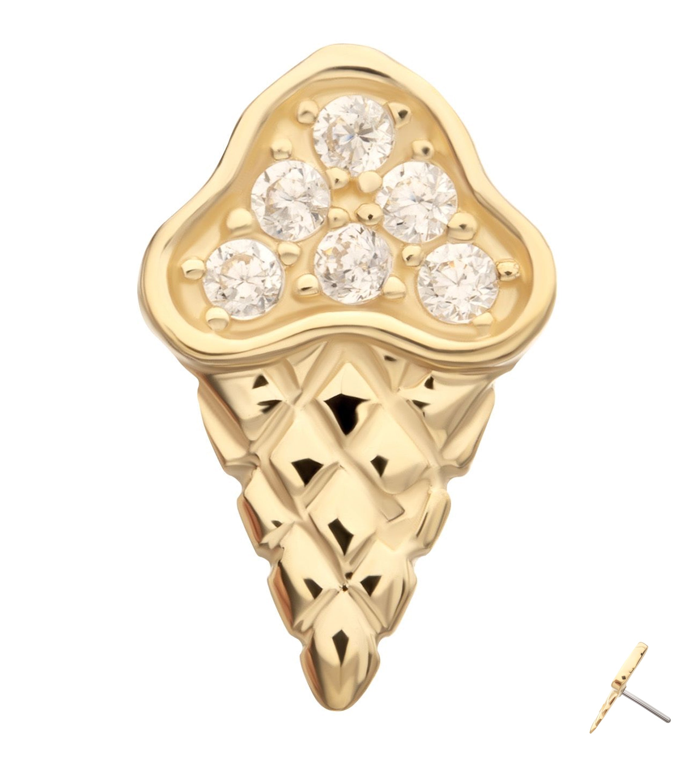 14kt Gold Ice Cream Cone Clear CZ Threadless Top