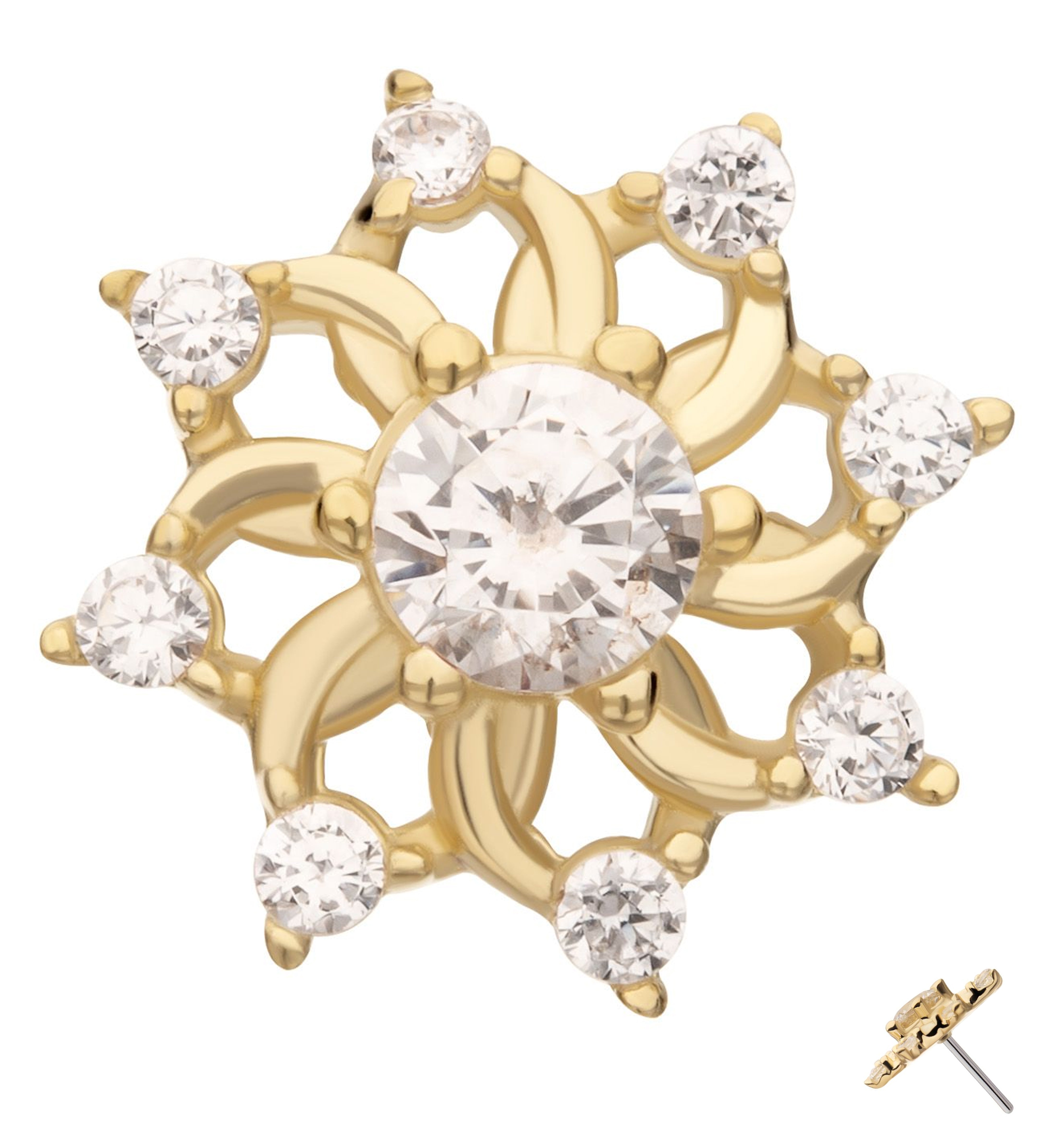 14kt Gold Interweaving Flower Clear CZ Threadless Top
