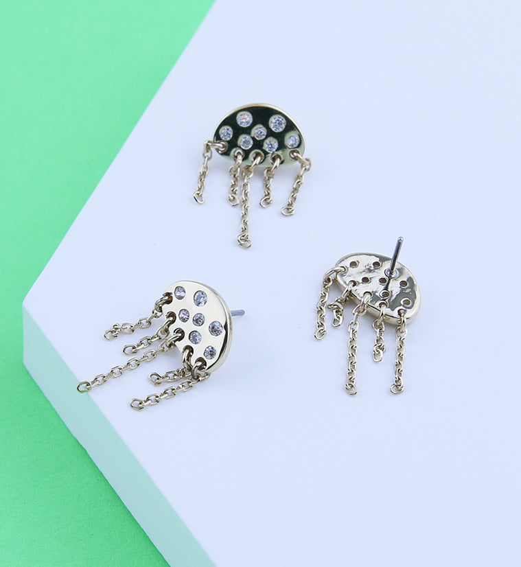 14kt Gold Jellyfish Clear CZ Dangle Chains Threadless Top