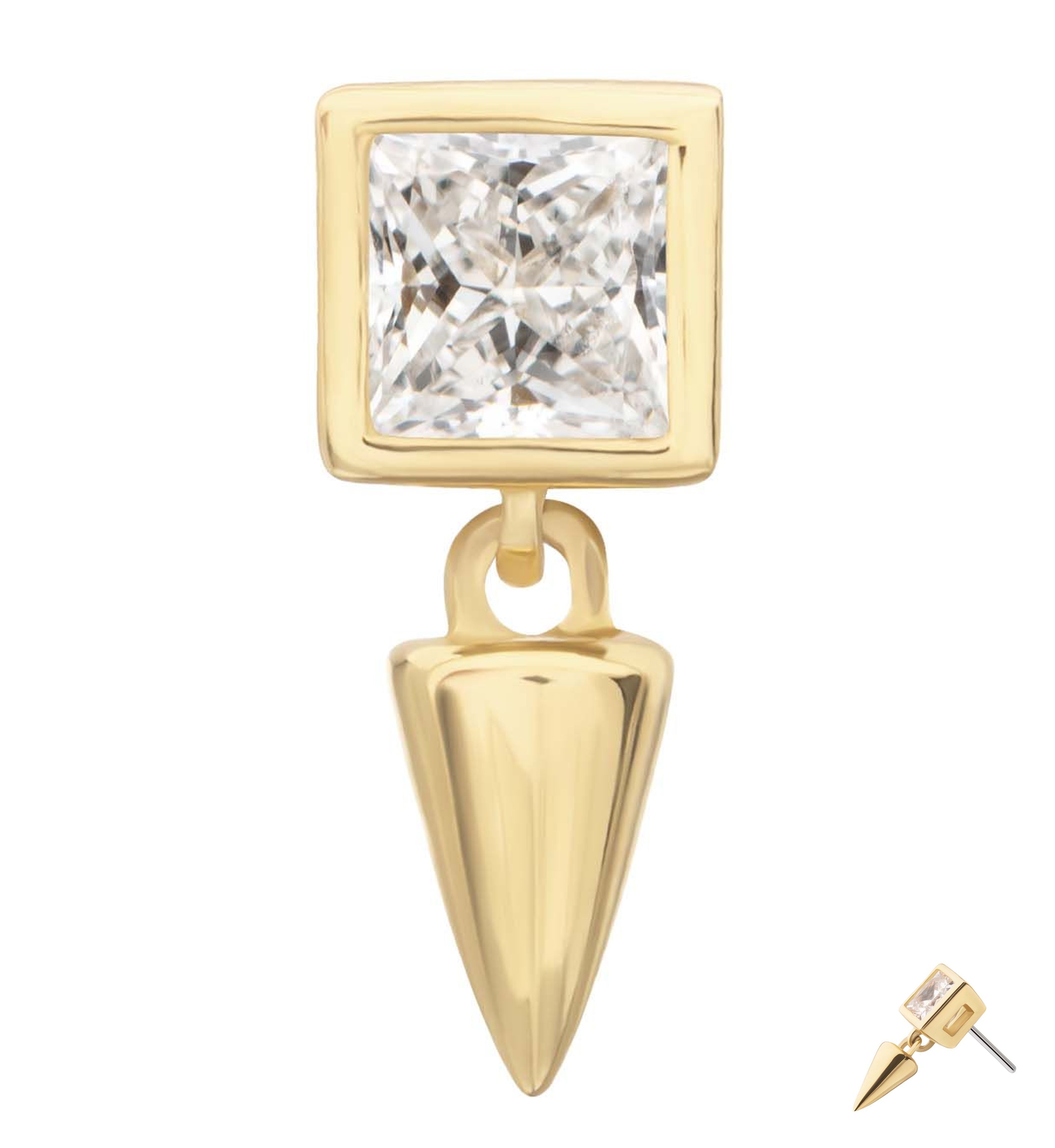 14kt Gold Lab Grown Square Diamond Dangle Cone Threadless Top