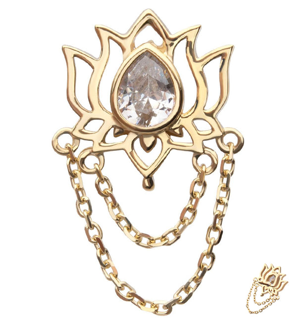 14kt Gold Lotus Clear CZ Dual Dangle Chains Threadless Top