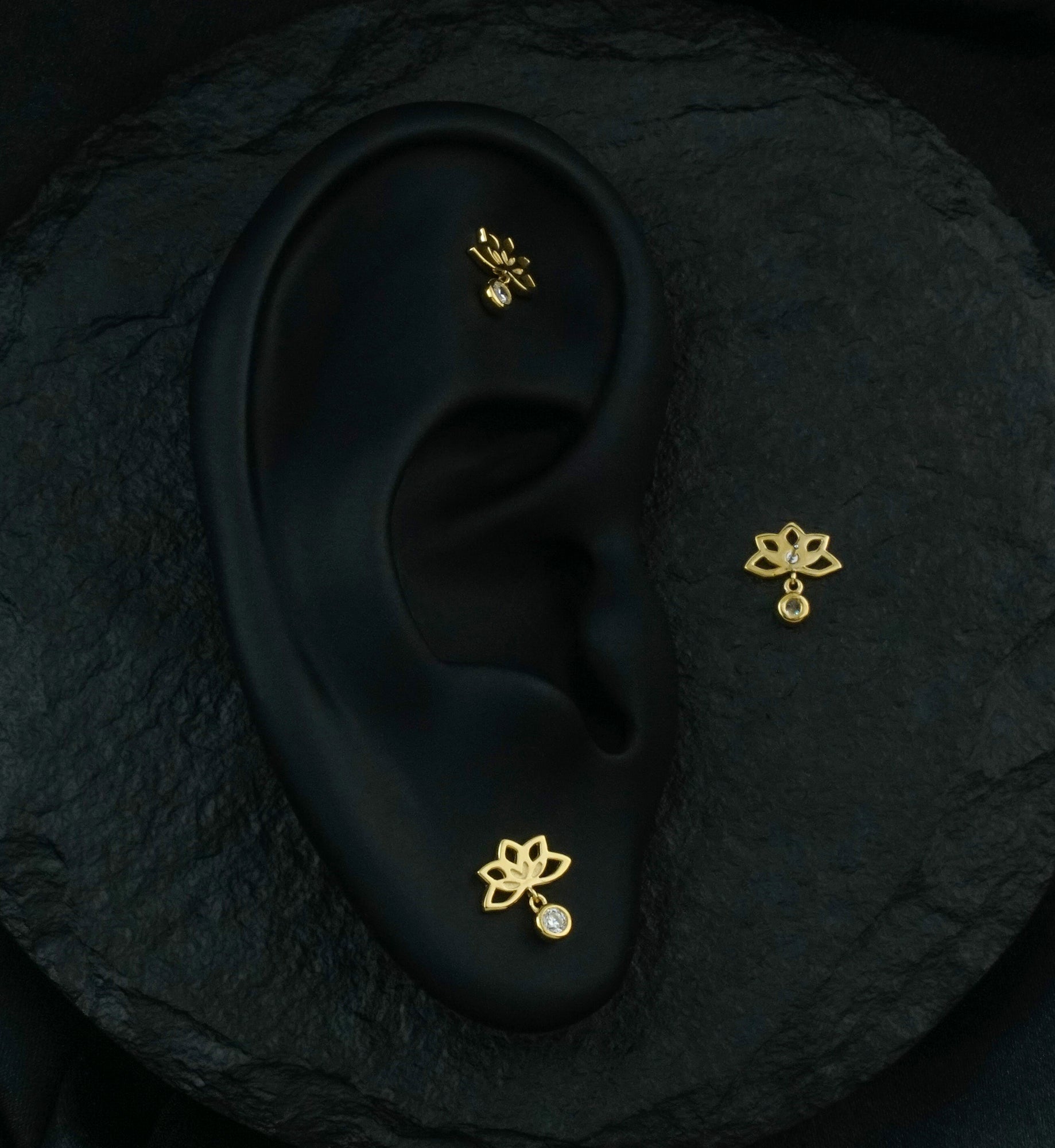 14kt Gold Lotus Flower Dangle Bezel CZ Threadless Top