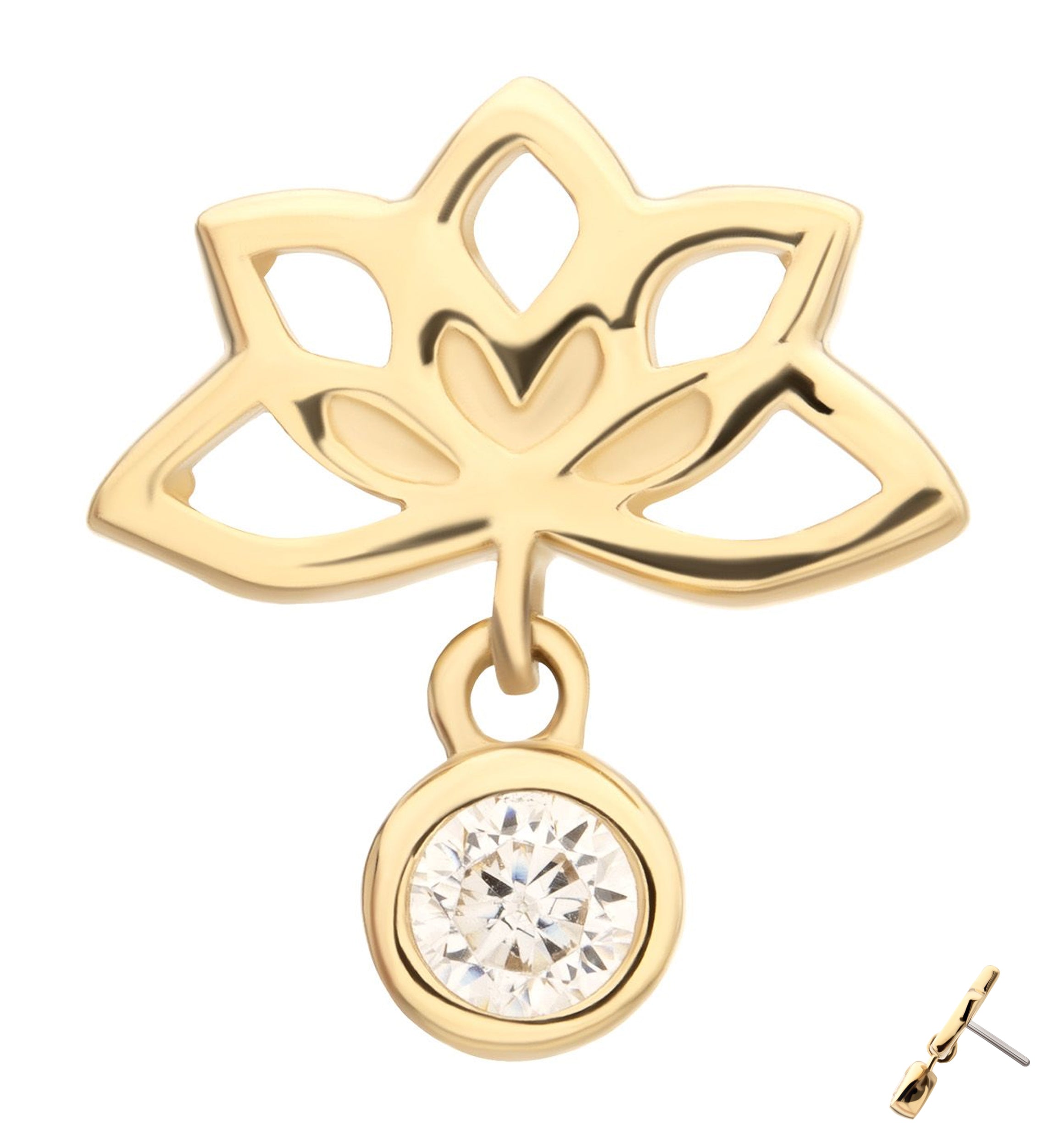 14kt Gold Lotus Flower Dangle Bezel CZ Threadless Top