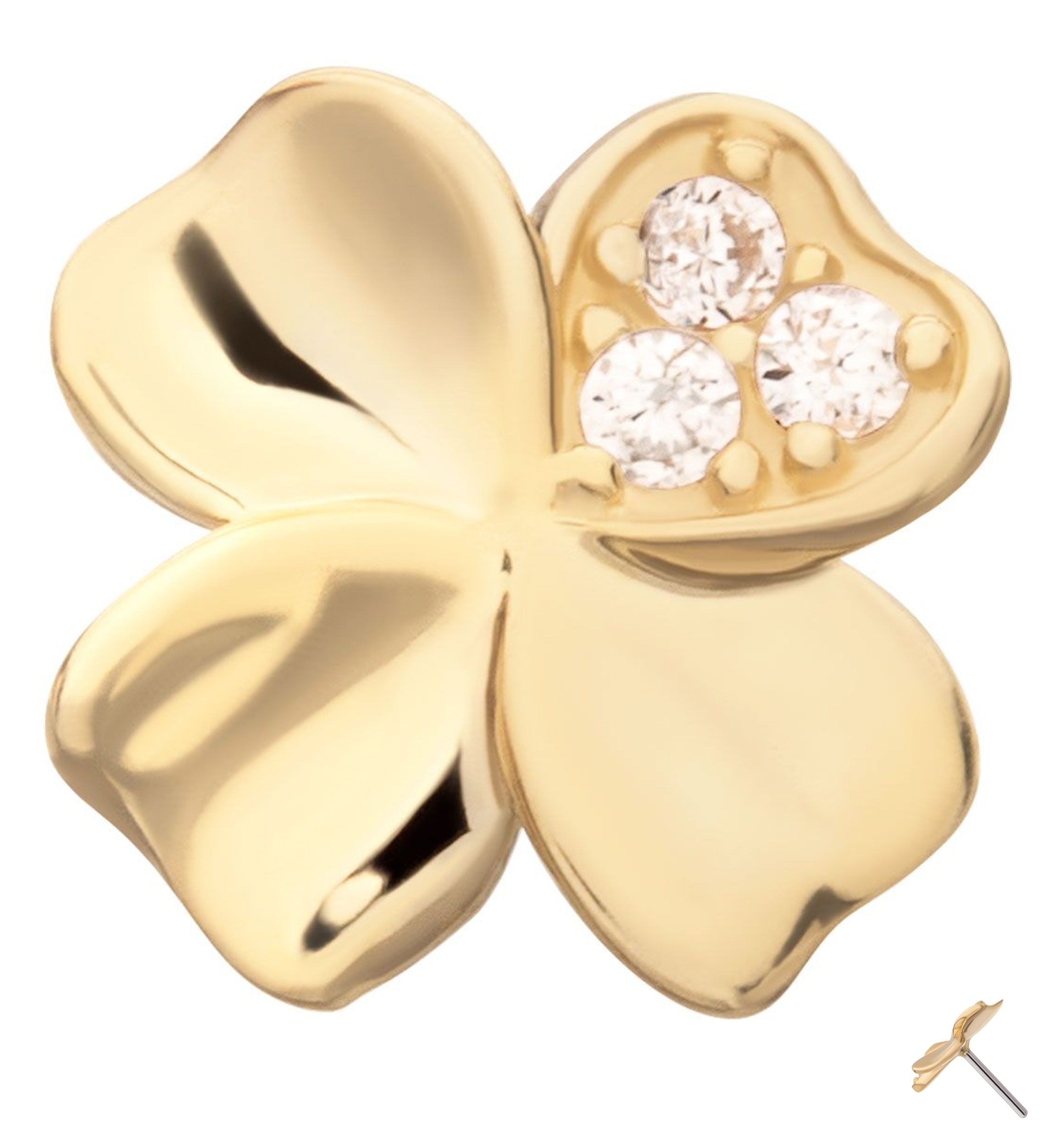 14kt Gold Lucky Clover Clear CZ Threadless Top