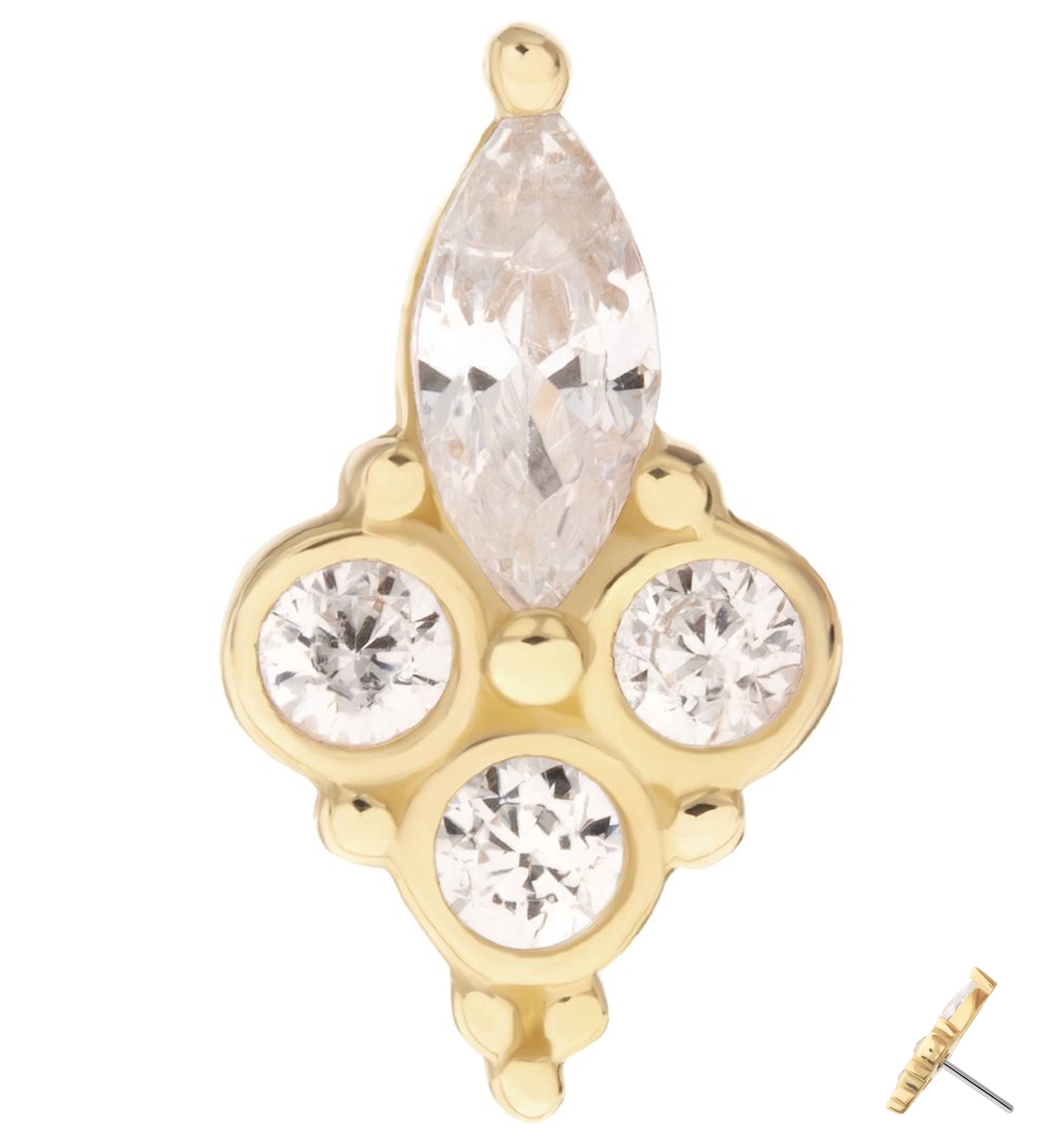 14kt Gold Marquise Trinity Clear CZ Threadless Top