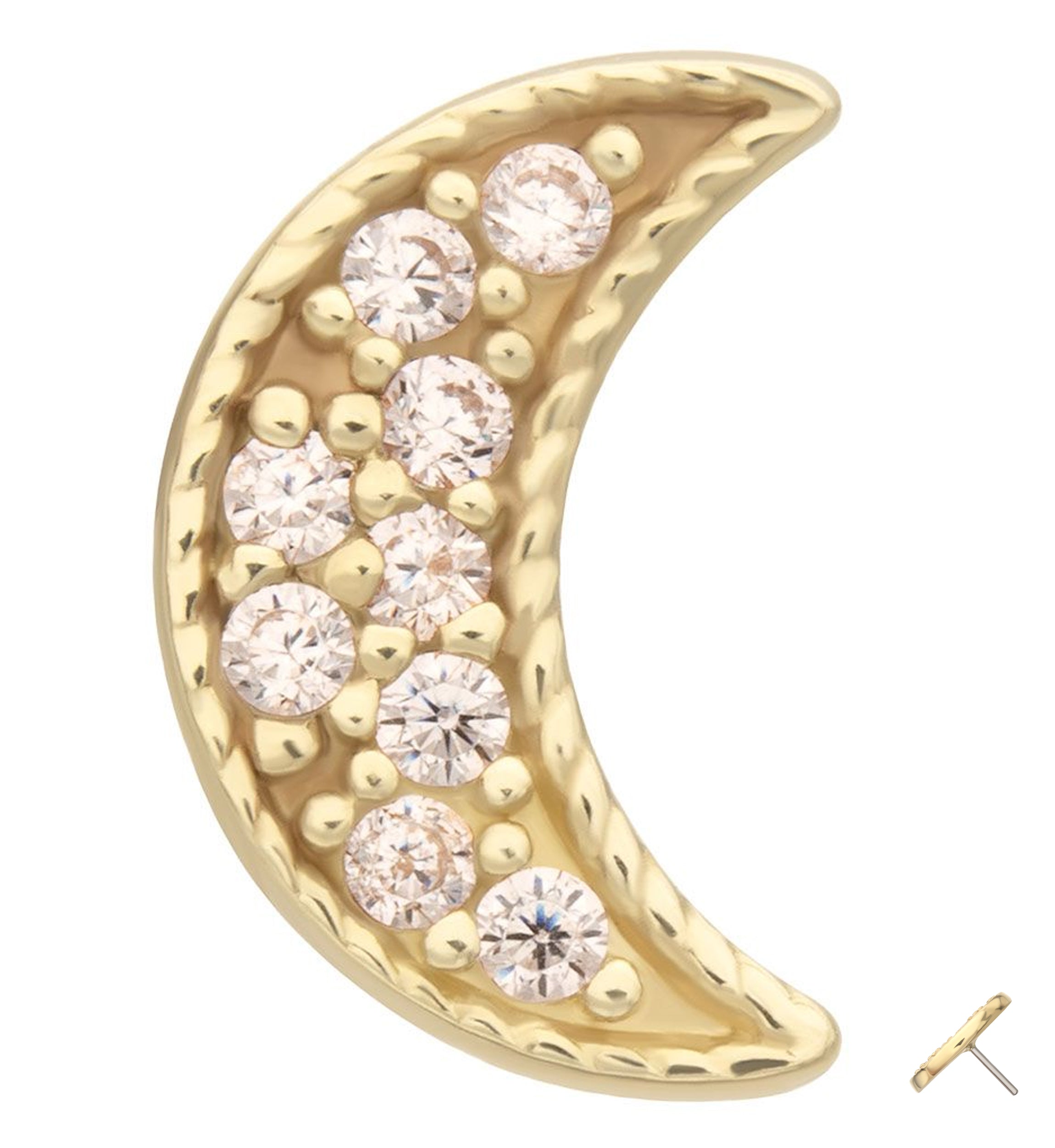 14kt Gold Milgrain Bead Half Moon Clear CZ Threadless Top