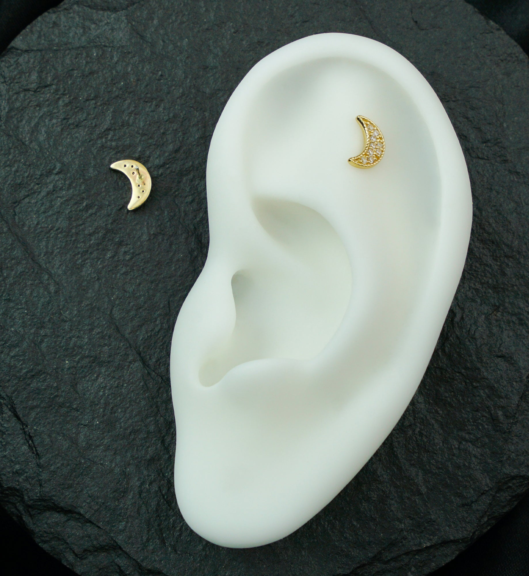 14kt Gold Milgrain Bead Half Moon Clear CZ Threadless Top